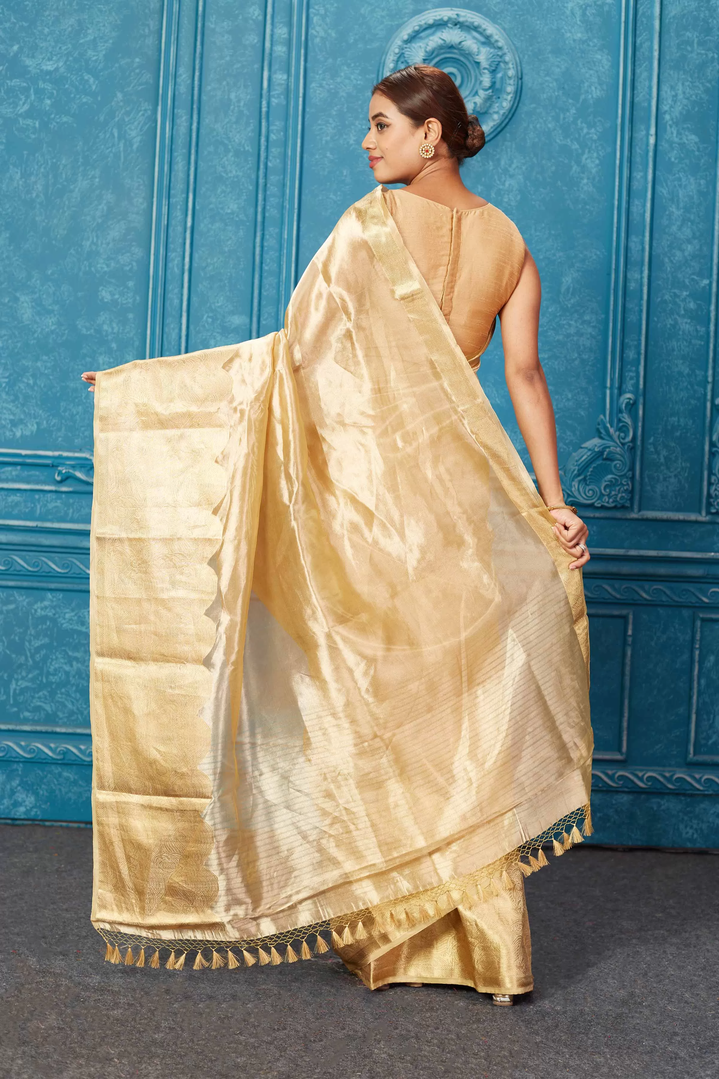 91A269 Golden Banarasi Tissue Zari Saree with Golden Border