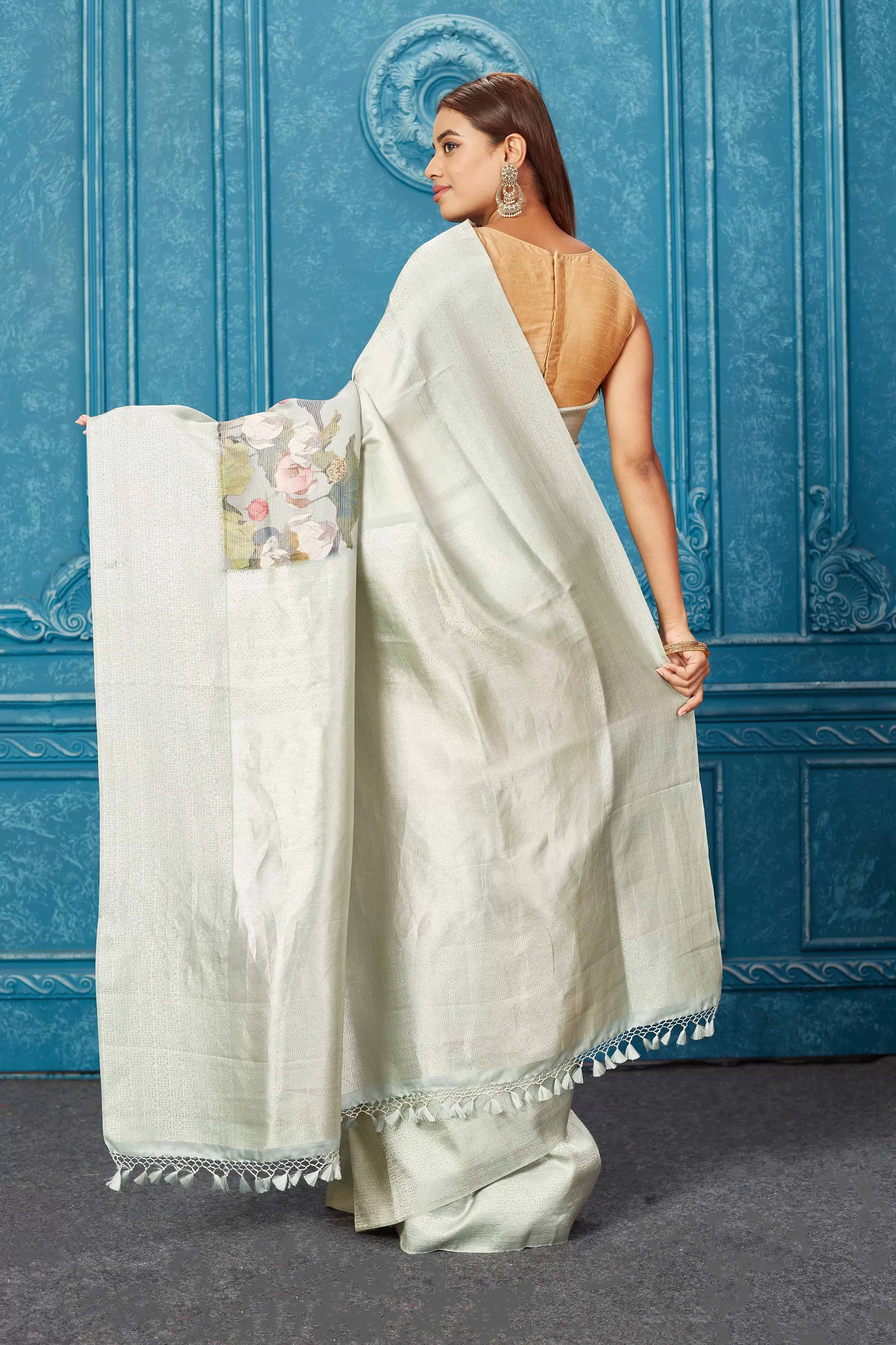 91A270 Sage Green Floral Kanjivaram Saree