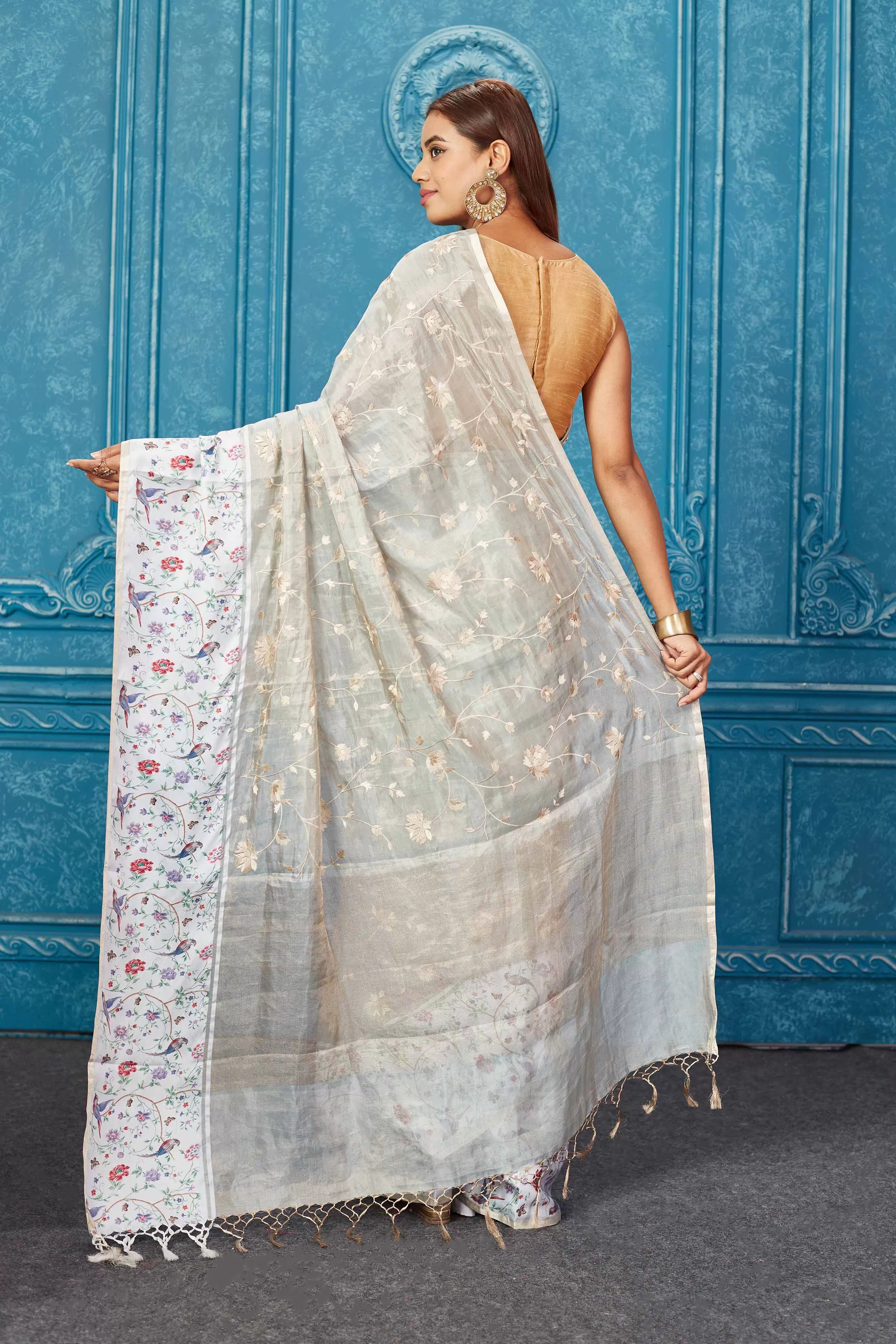 91A273 Grey Organza Tissue Silk Saree with Printed Mashru Borderv