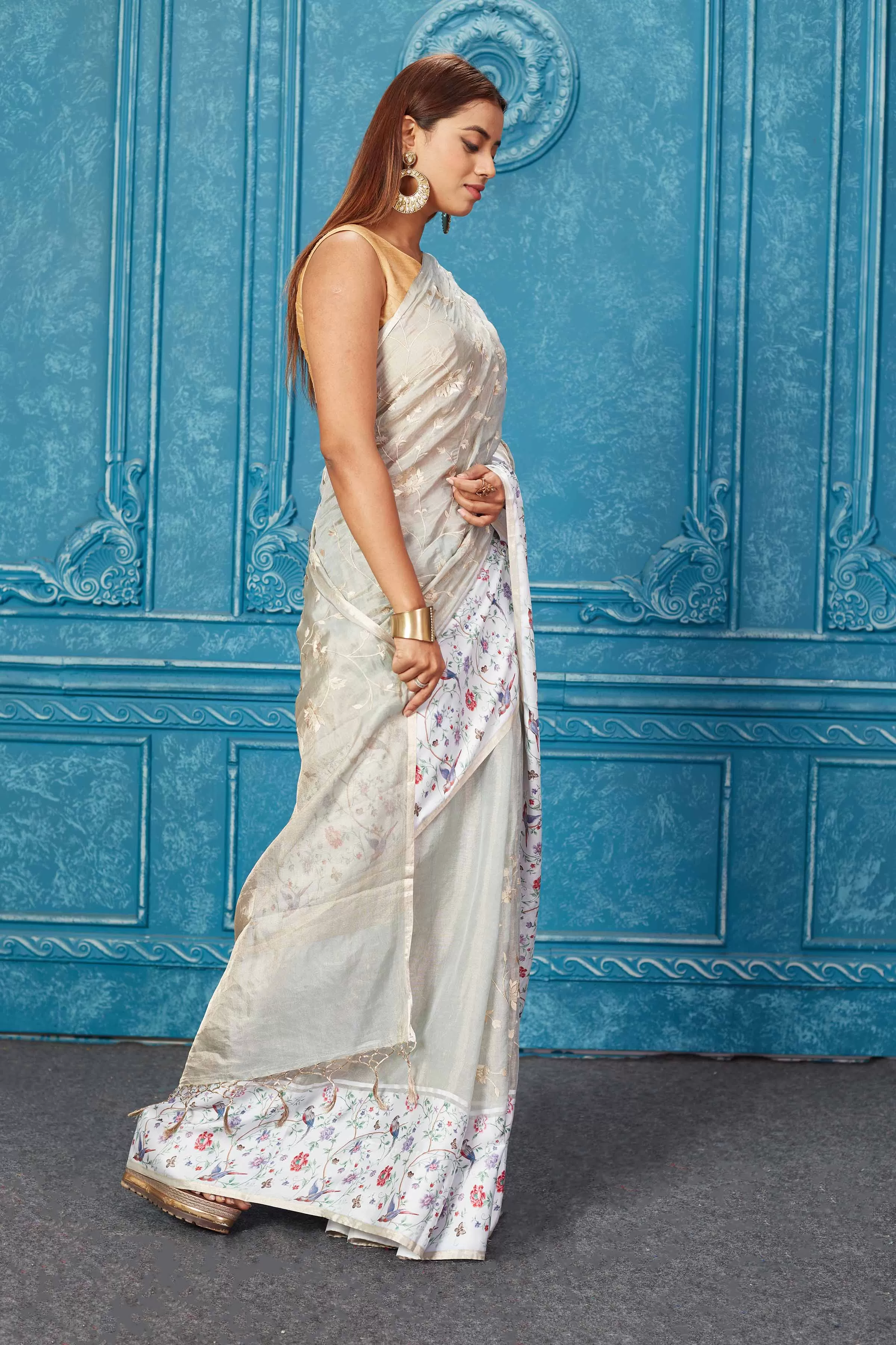 91A273 Grey Organza Tissue Silk Saree with Printed Mashru Borderv