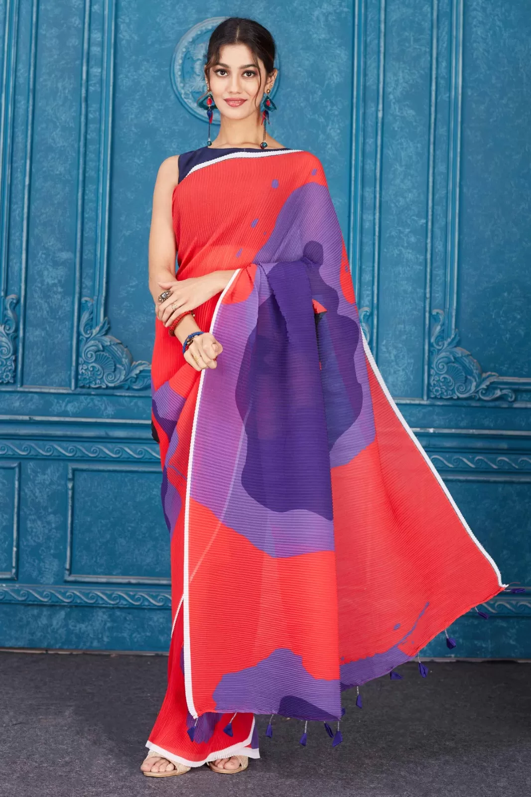 91A305 Red and Purple Abstract Print Crushed Georgette Sari