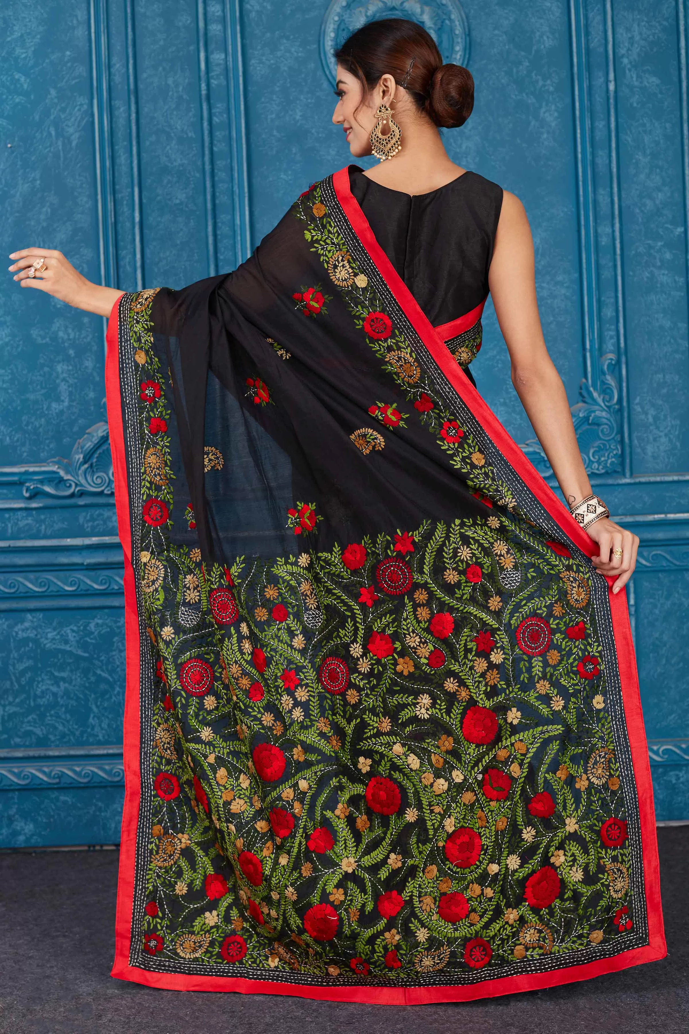 91A327 Black Phulkari Work Kota Saree