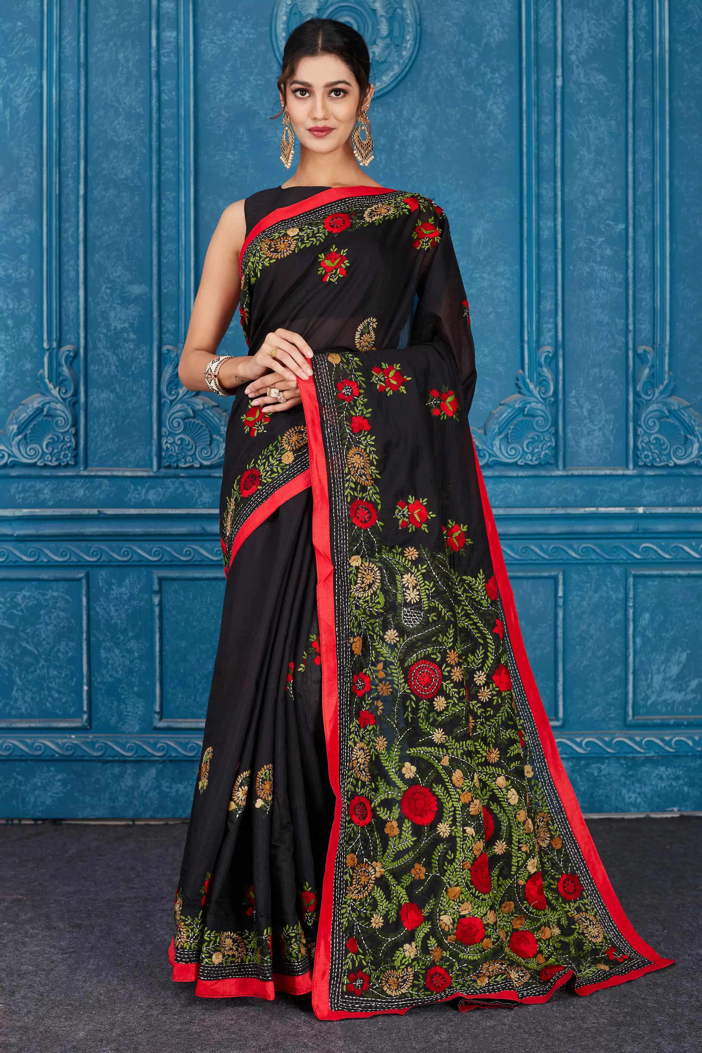 91A327 Black Phulkari Work Kota Saree