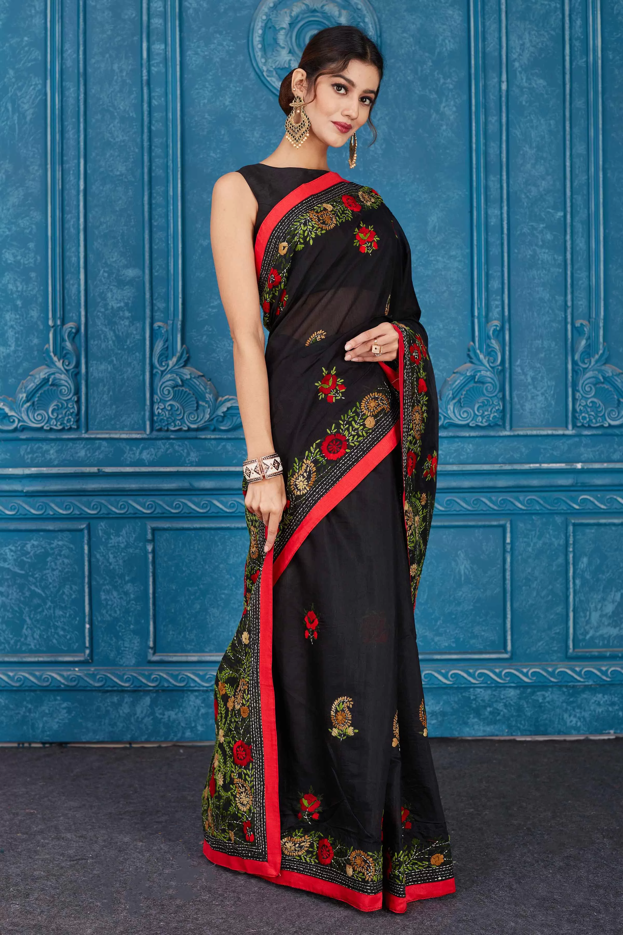 91A327 Black Phulkari Work Kota Saree