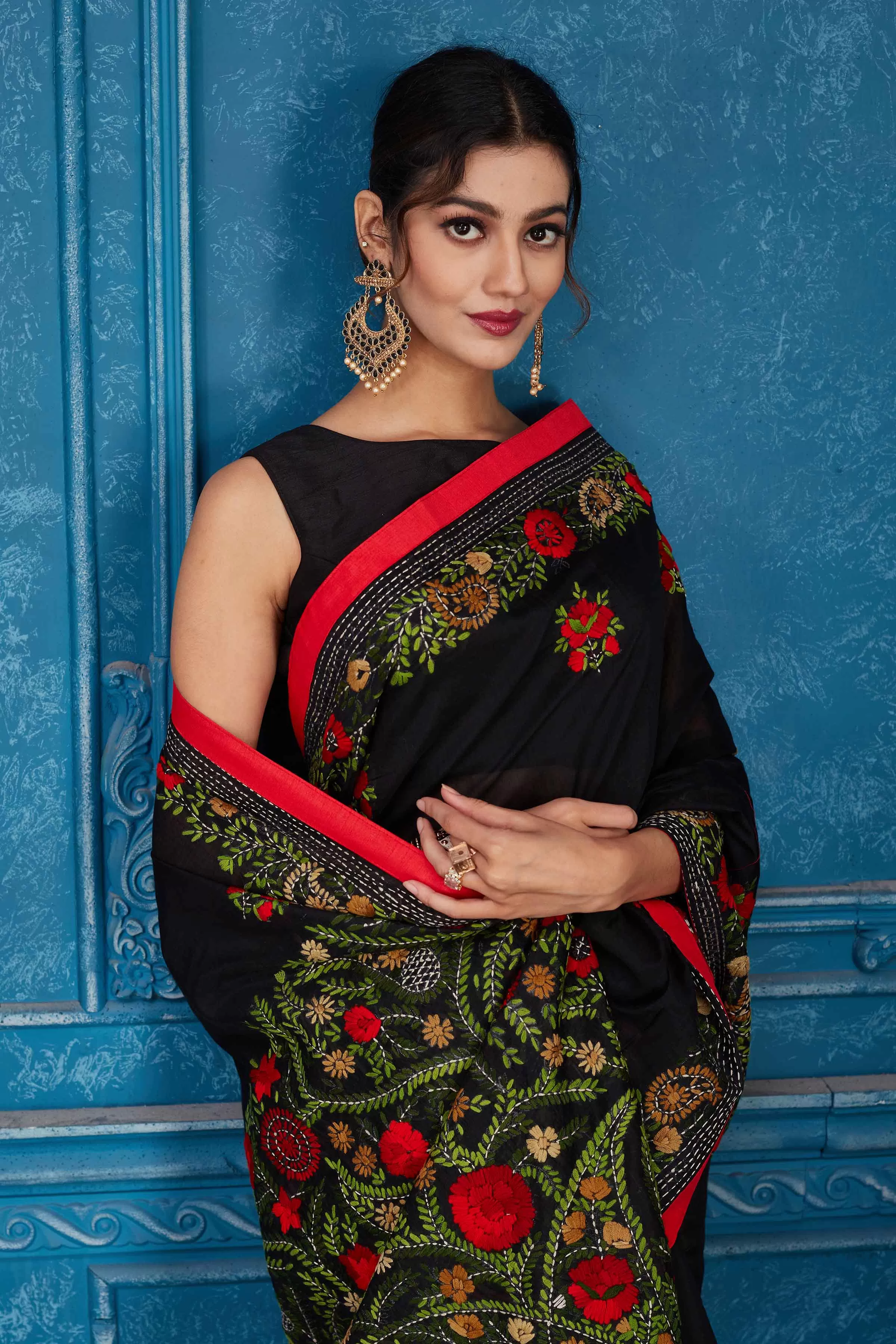 91A327 Black Phulkari Work Kota Saree