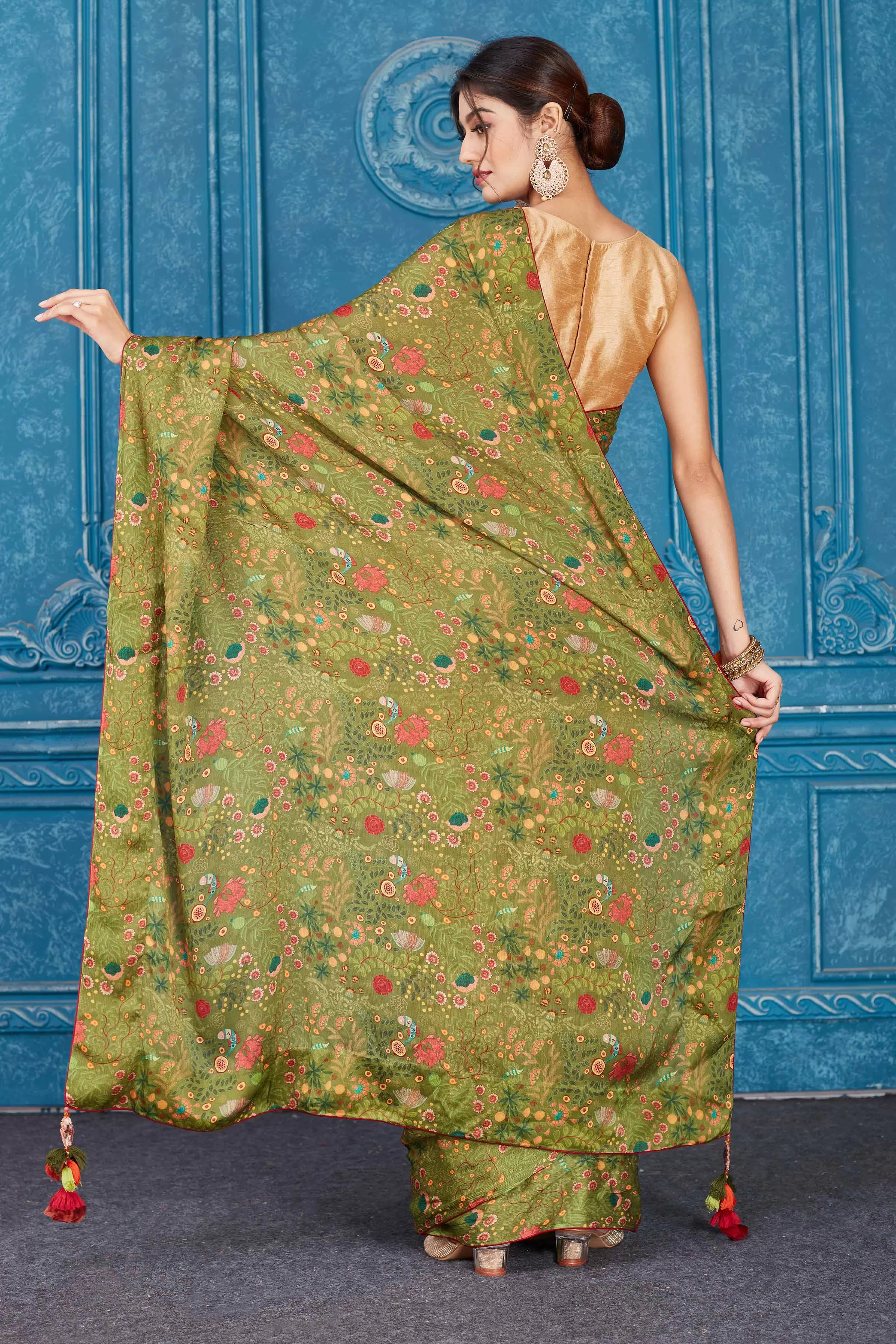 91A344 Olive Green Printed Crepe Chiffon Saree