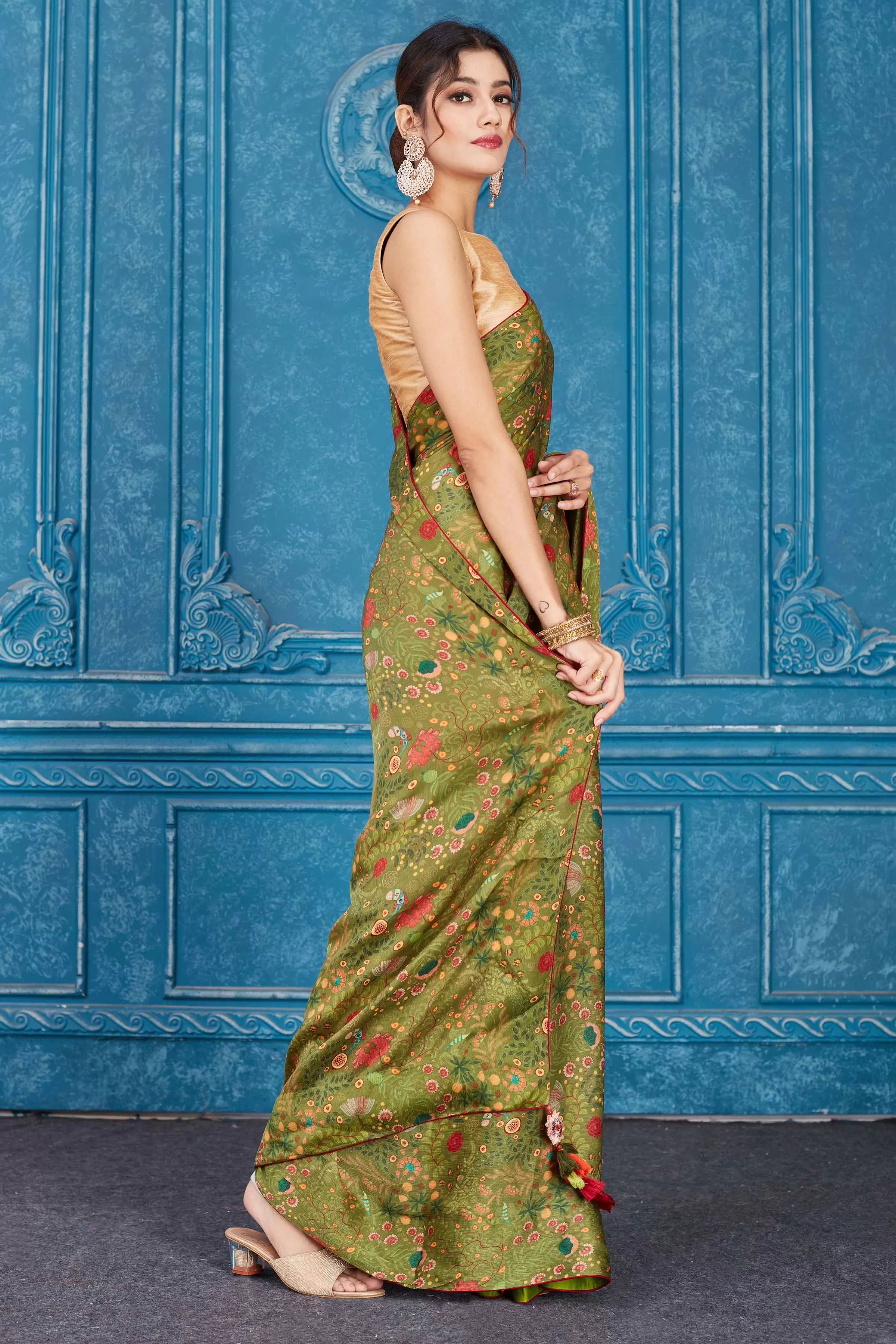 91A344 Olive Green Printed Crepe Chiffon Saree