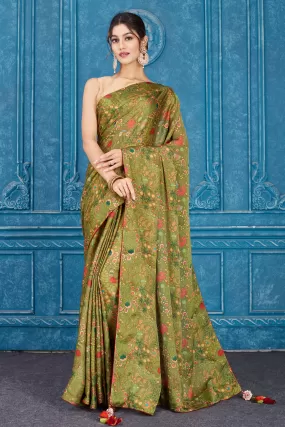 91A344 Olive Green Printed Crepe Chiffon Saree