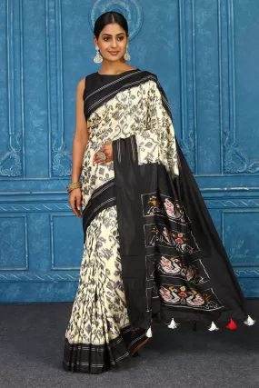 91A436 Off-White Pochampally Ikkat Silk Sari with Black Border