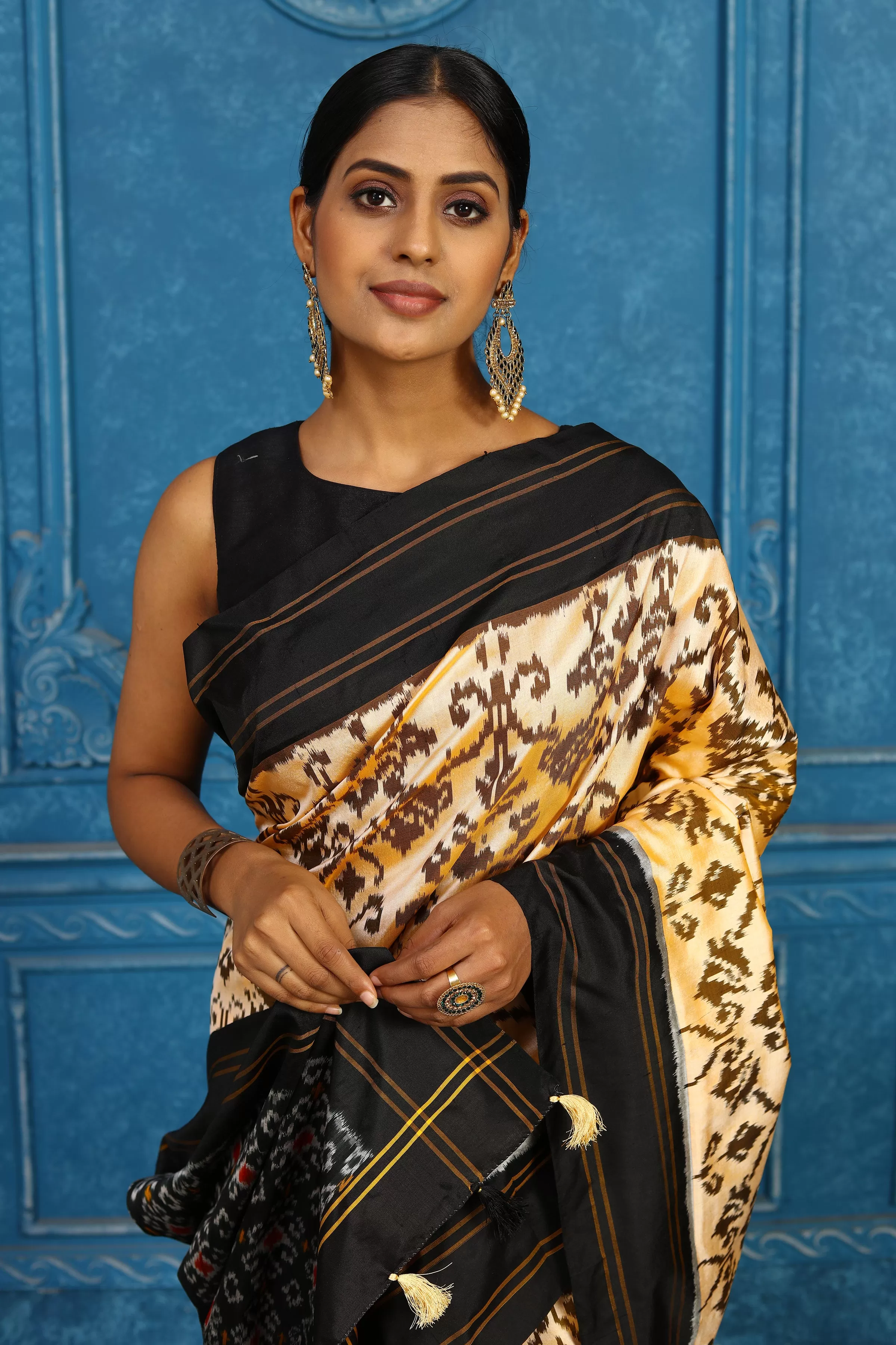 91A437 Cream Pochampally Ikkat Silk Sari with Black Border