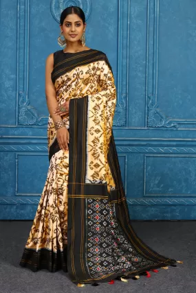 91A437 Cream Pochampally Ikkat Silk Sari with Black Border