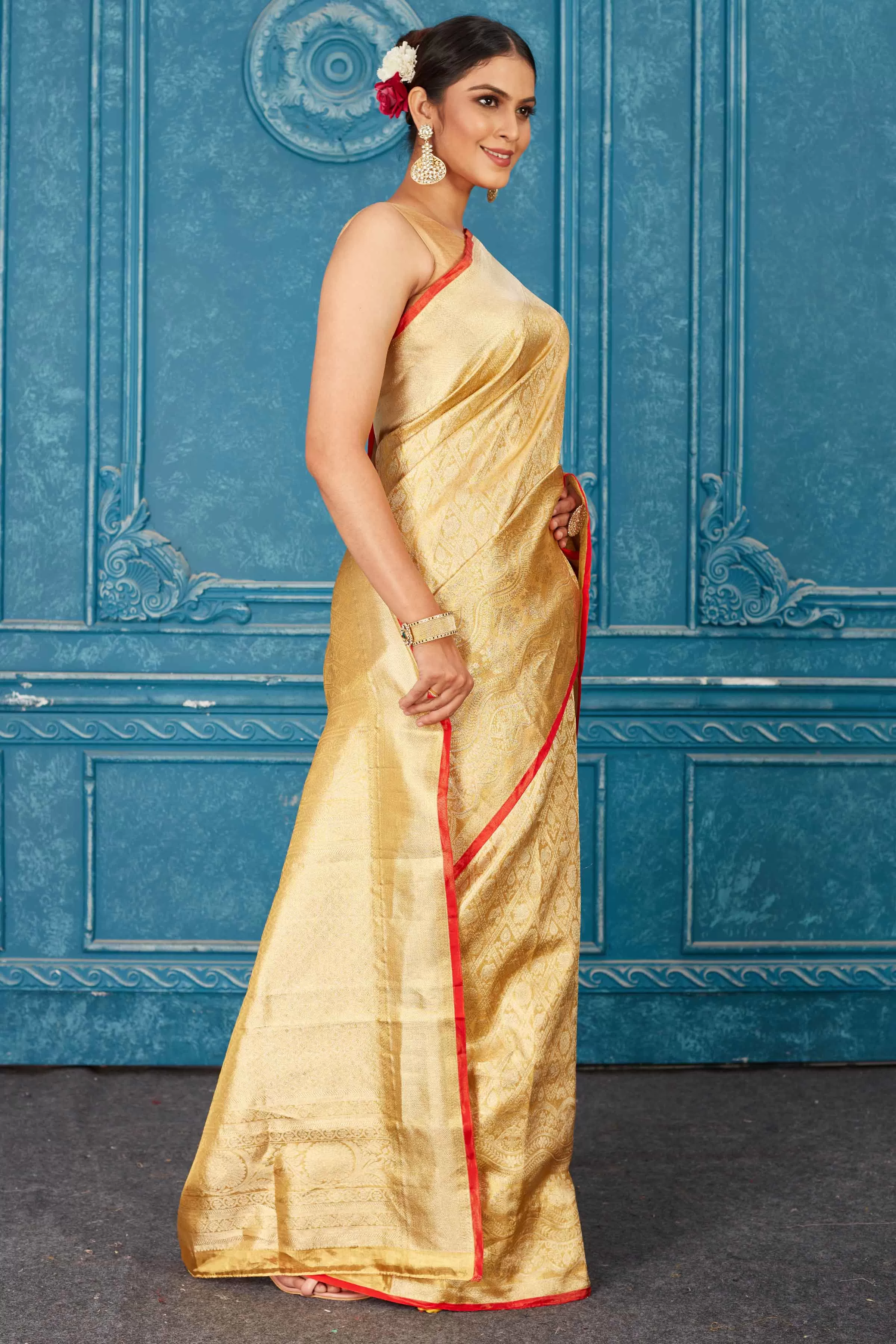 91A473 Golden Kanjeevaram Silk Saree with Red Edging