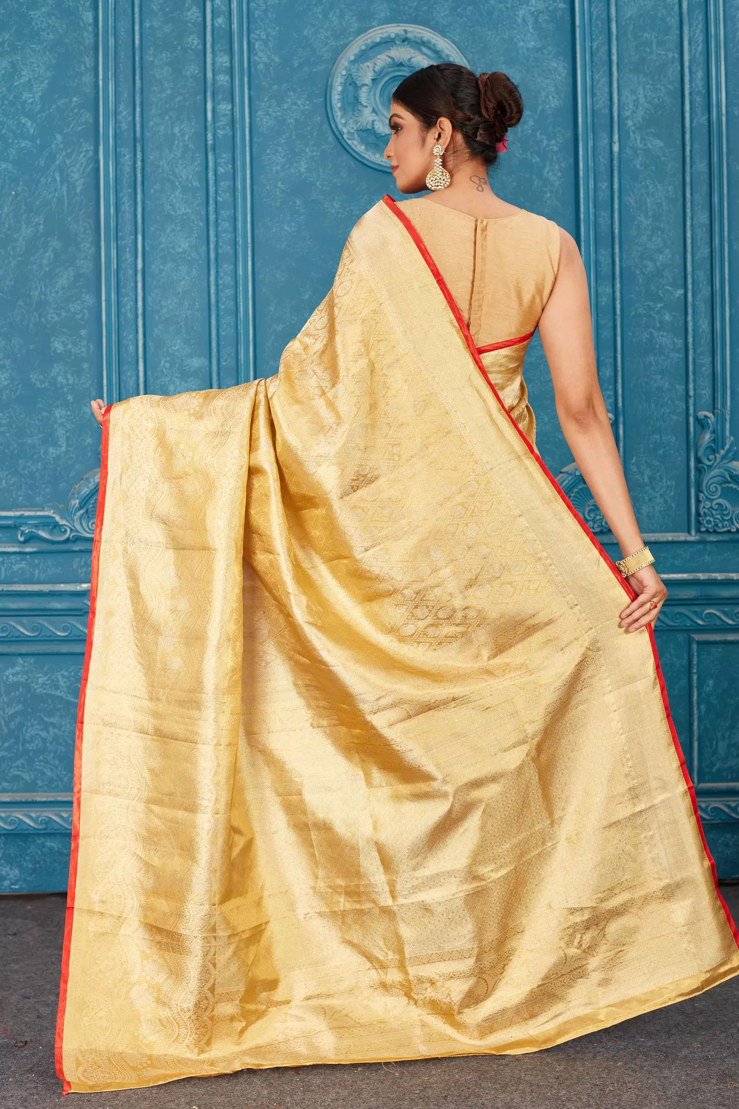 91A473 Golden Kanjeevaram Silk Saree with Red Edging