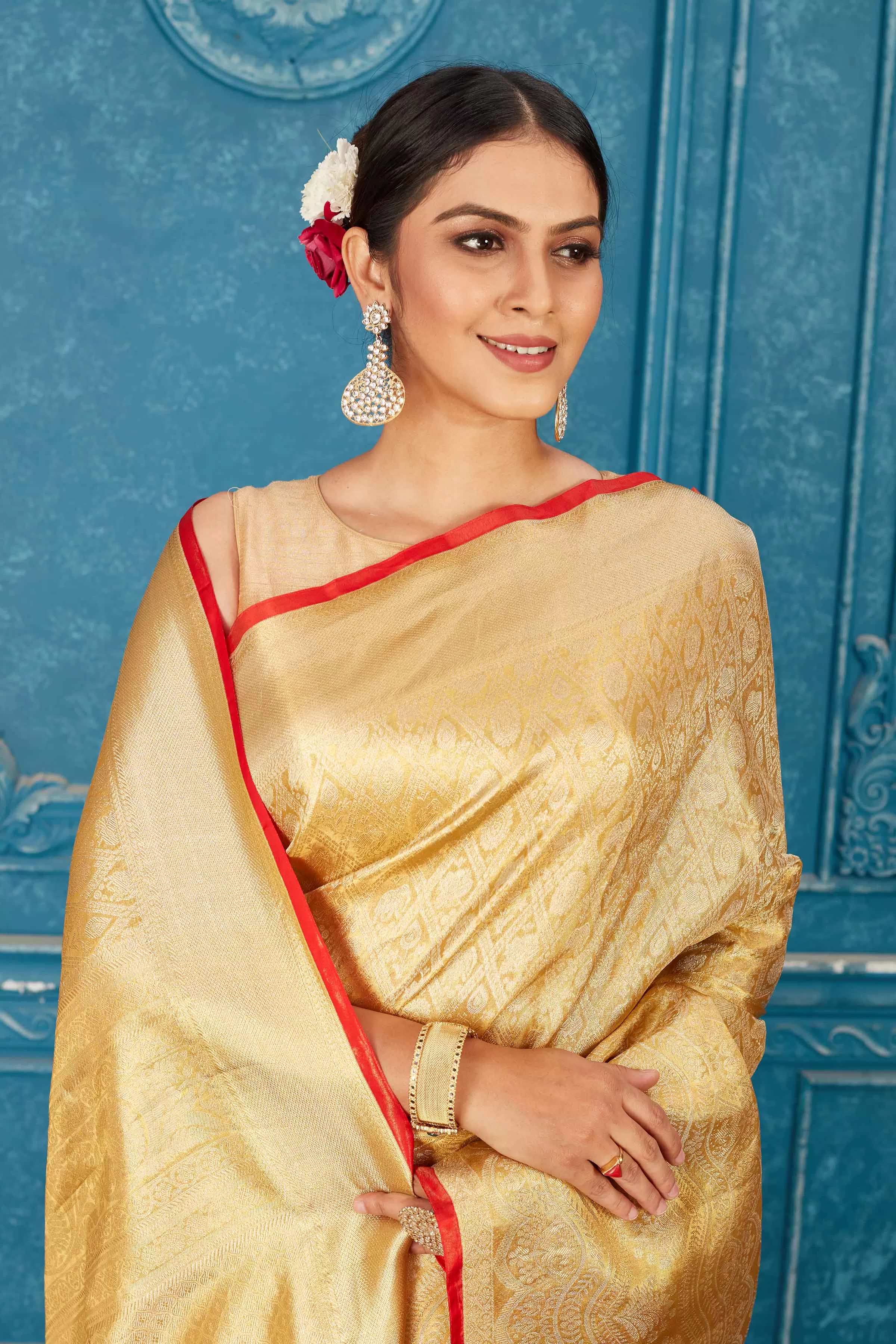 91A473 Golden Kanjeevaram Silk Saree with Red Edging