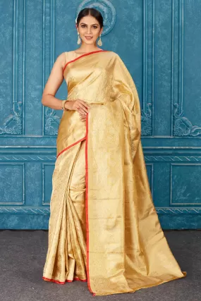 91A473 Golden Kanjeevaram Silk Saree with Red Edging