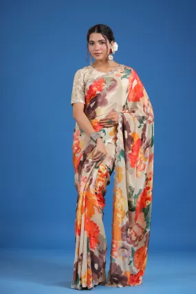 92A062 Beige Floral Crepe Georgette Sari with Scalloped Border