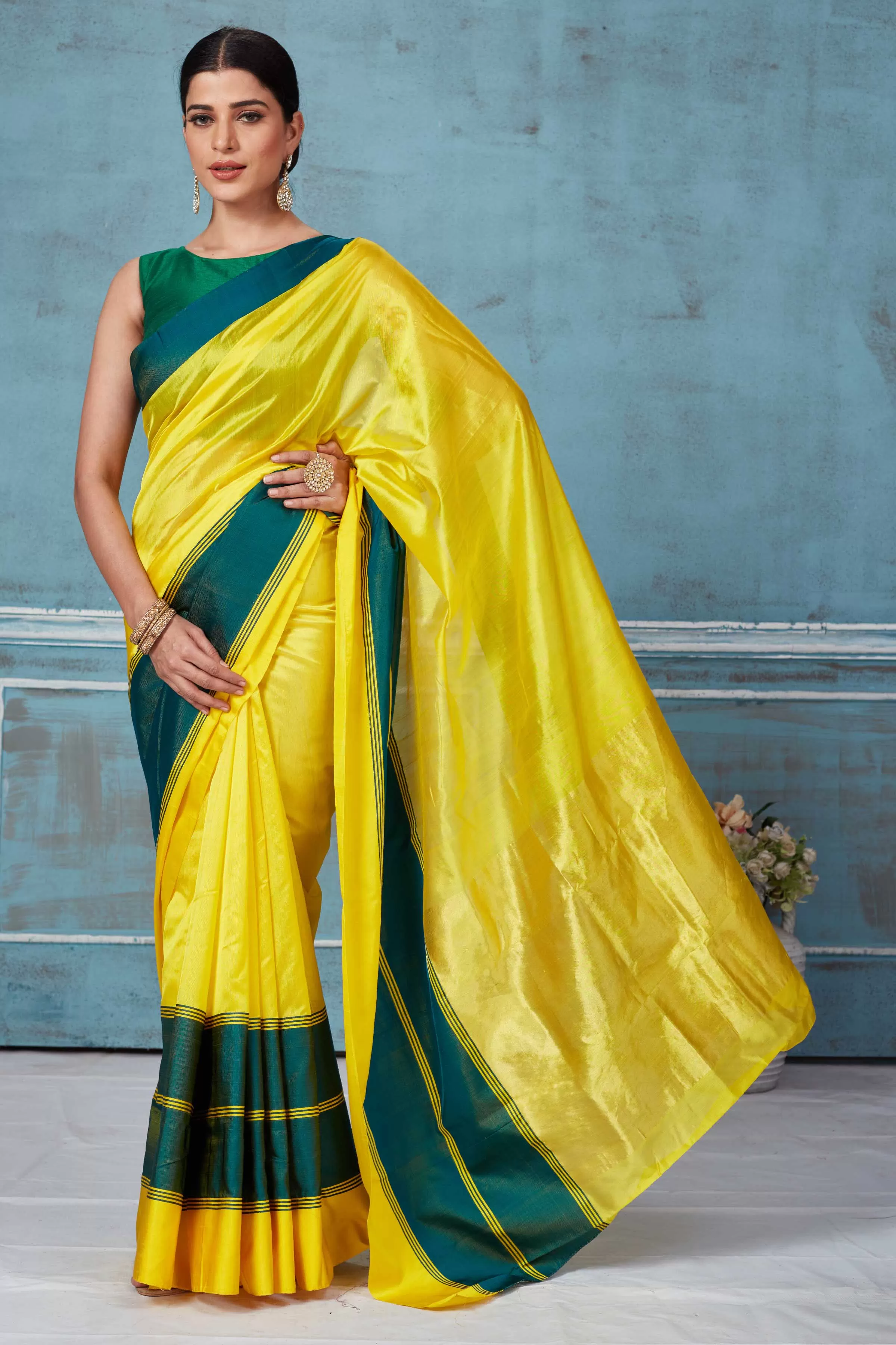 92A151 Yellow Pattu Silk Saree With Green Mashru Border