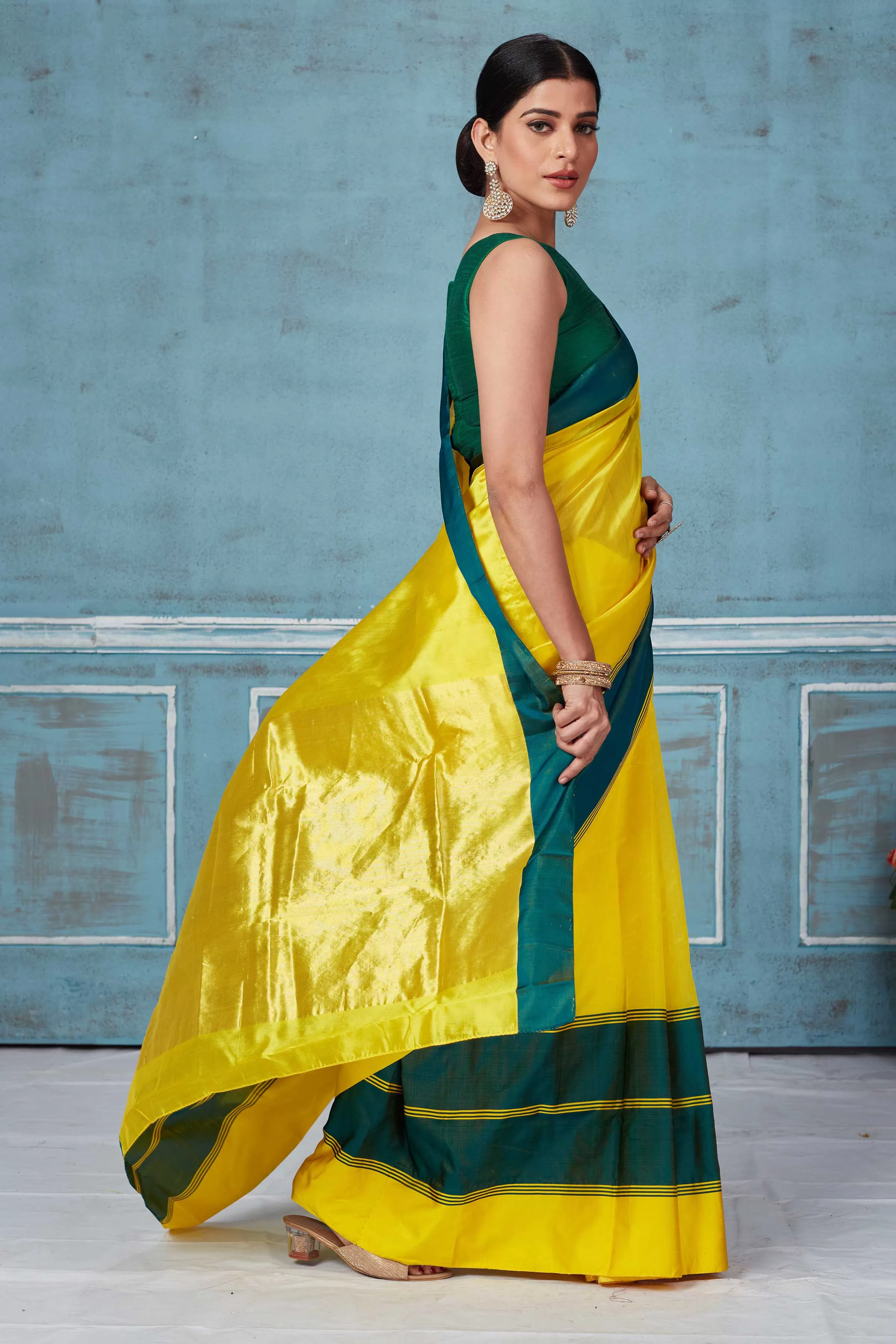 92A151 Yellow Pattu Silk Saree With Green Mashru Border