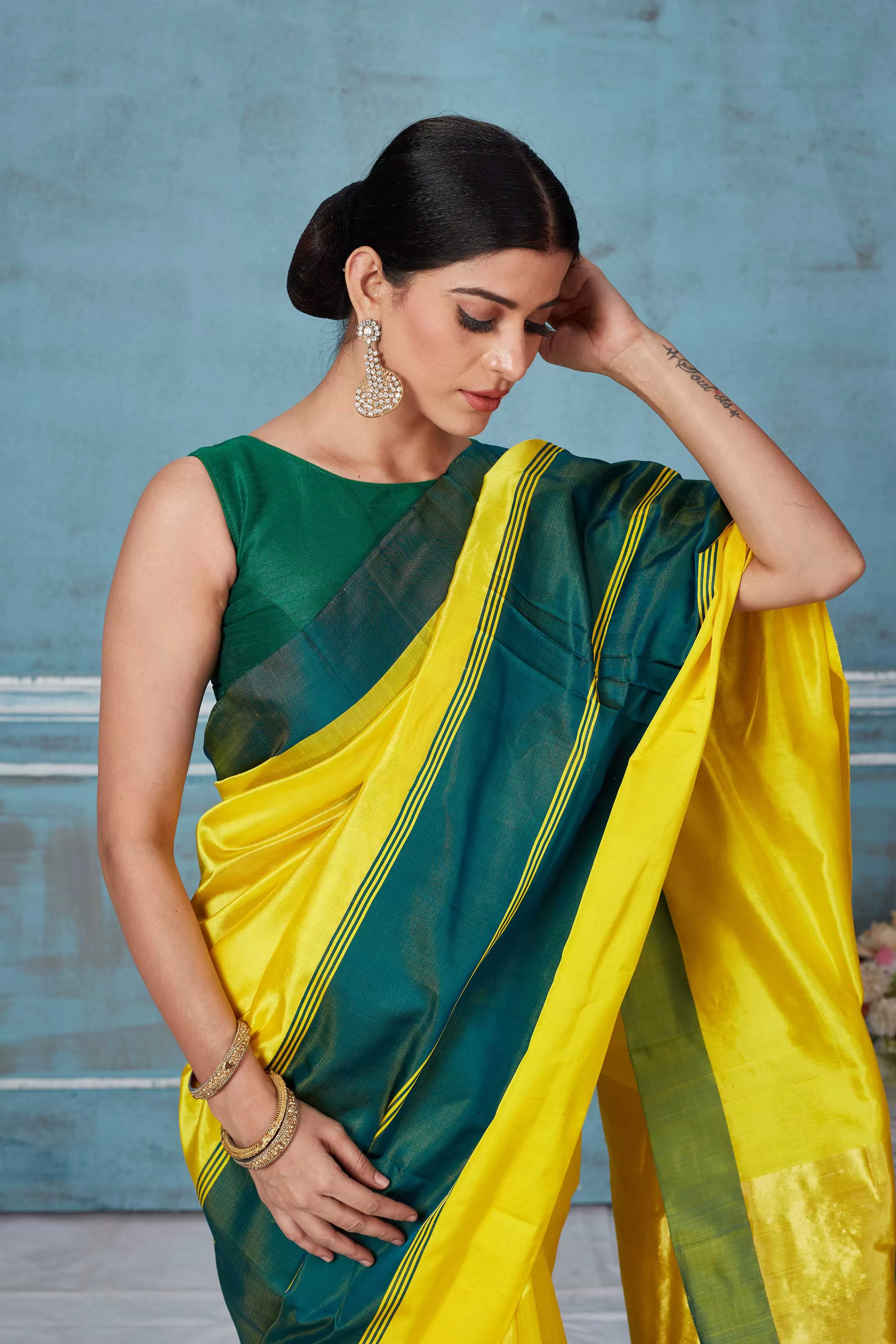 92A151 Yellow Pattu Silk Saree With Green Mashru Border