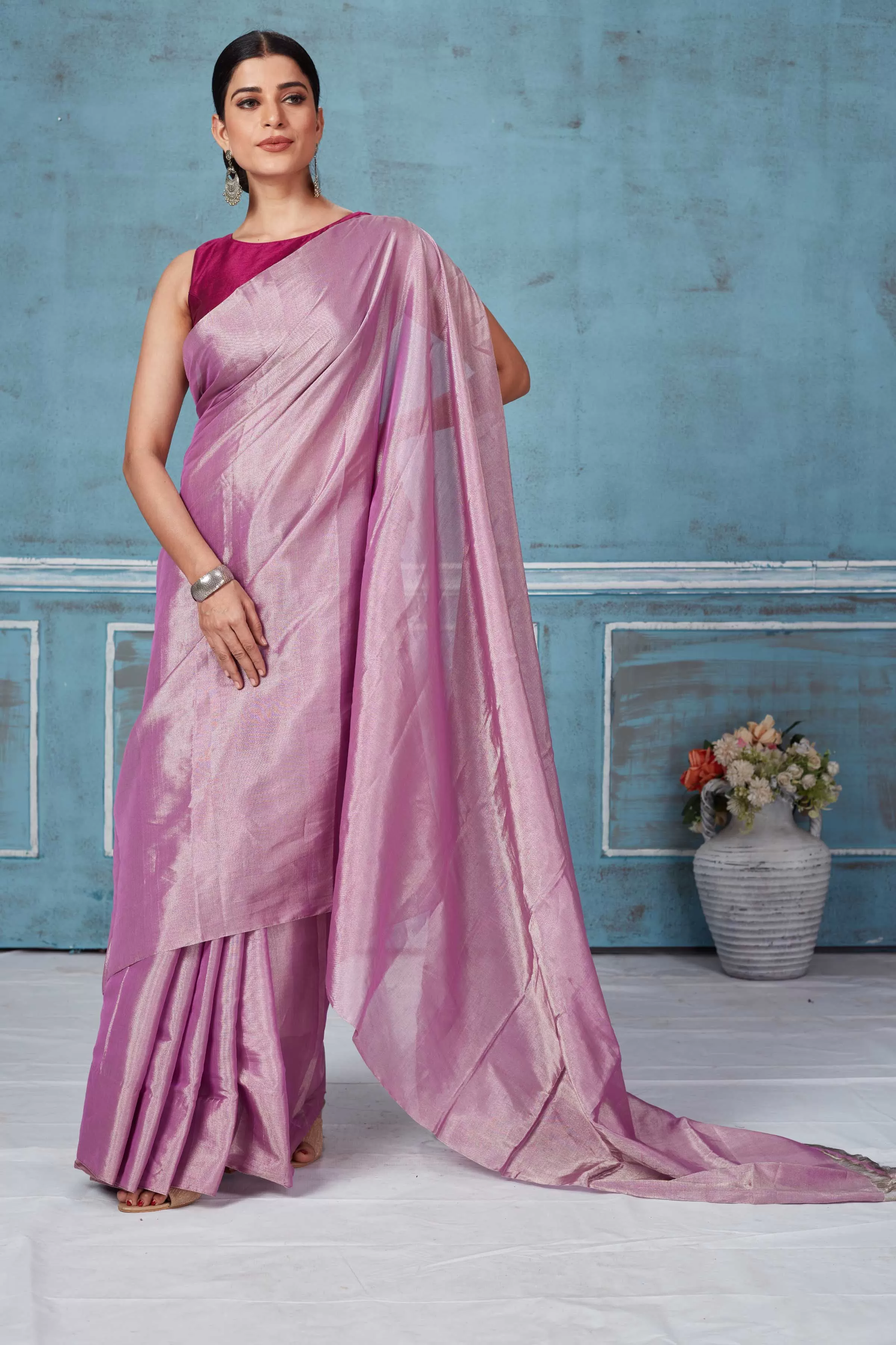 92A172 Onion Pink Silver Zari Tissue Silk Saree