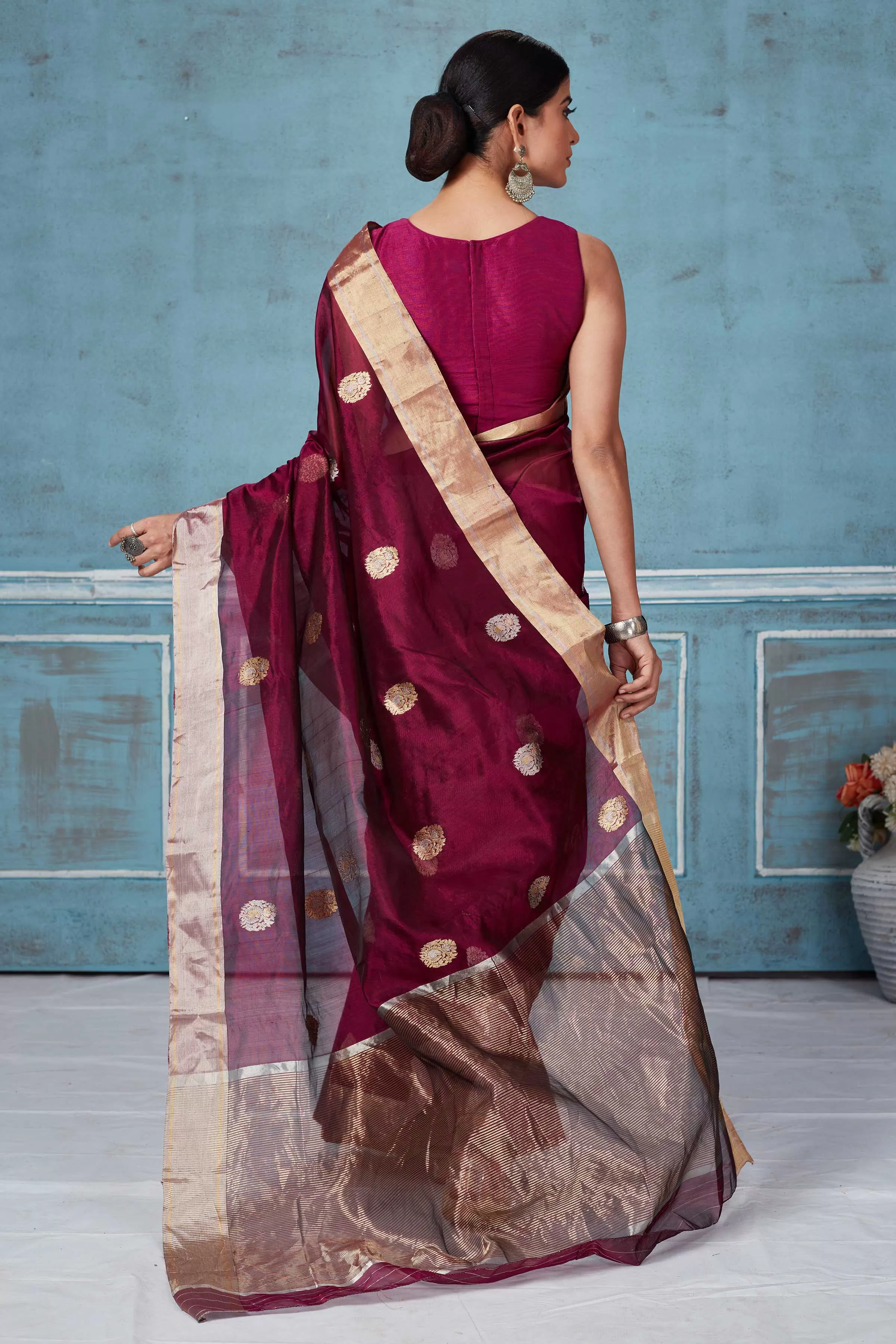 92A175 Wine Color Pattu Silk Saree With Silver Zari Motifs