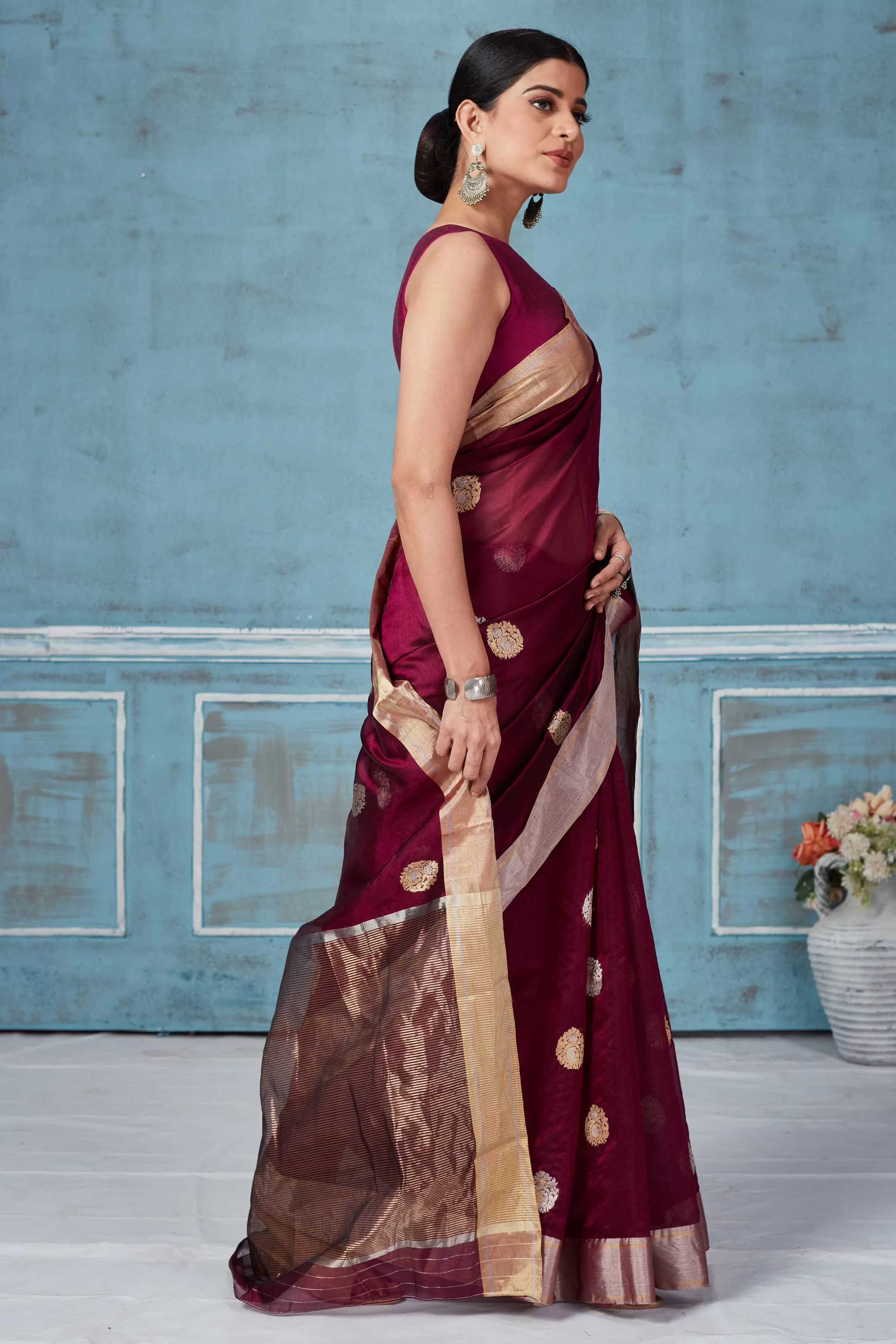 92A175 Wine Color Pattu Silk Saree With Silver Zari Motifs