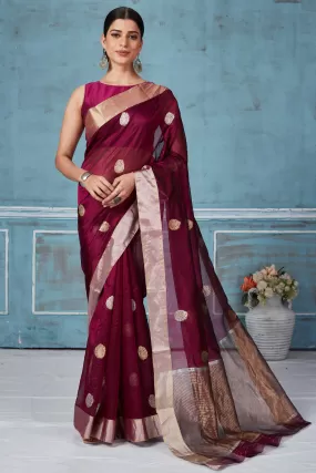 92A175 Wine Color Pattu Silk Saree With Silver Zari Motifs