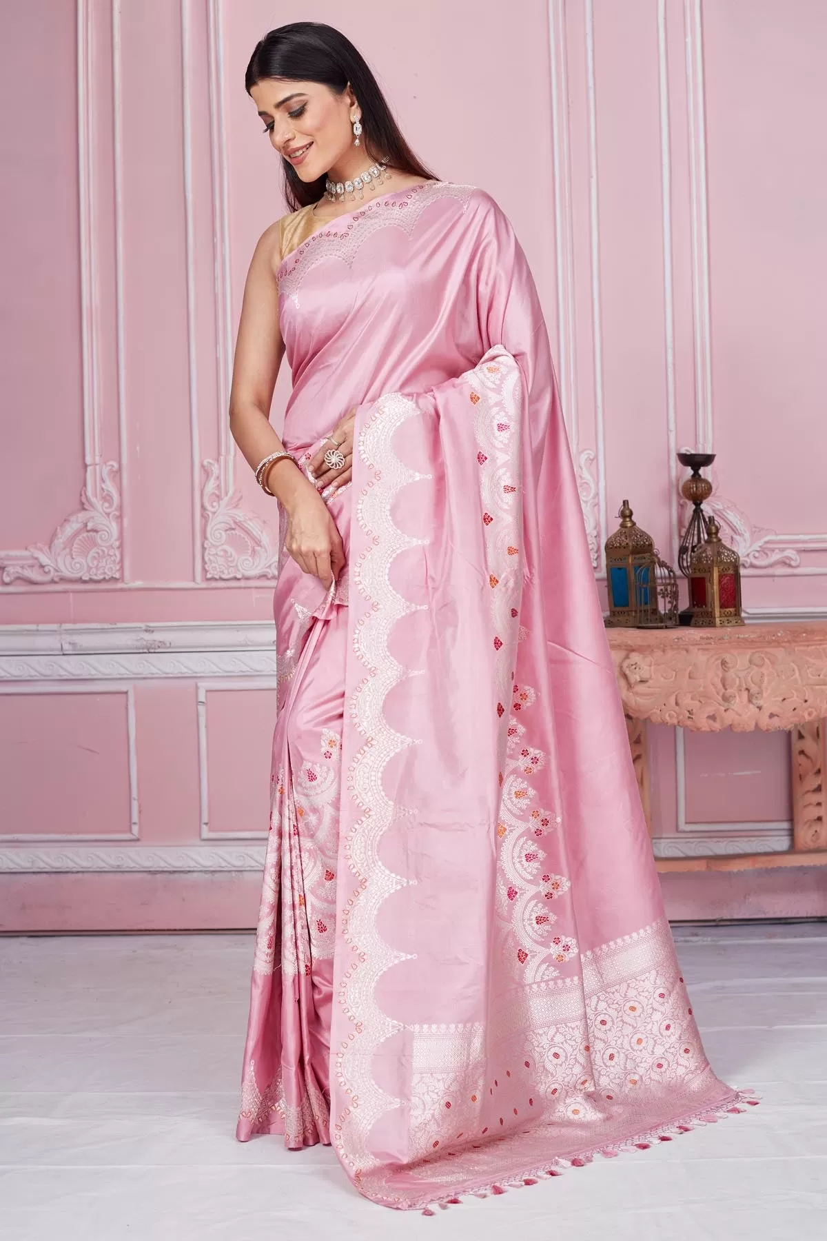 92A197 Light Pink Banarasi Saree with Silver Zari Border