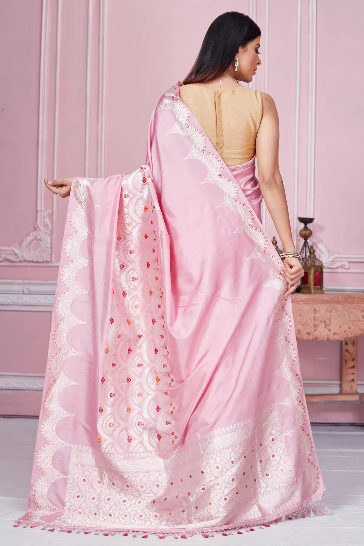 92A197 Light Pink Banarasi Saree with Silver Zari Border