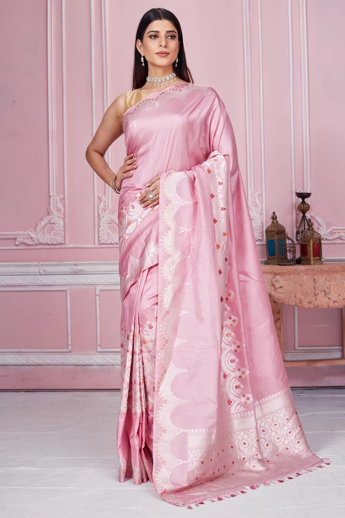 92A197 Light Pink Banarasi Saree with Silver Zari Border