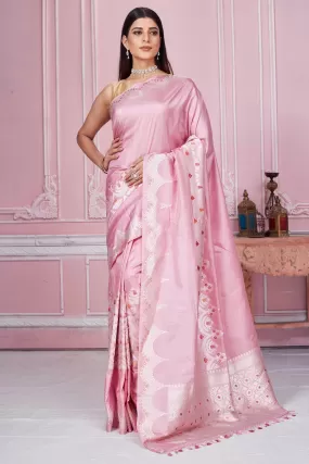 92A197 Light Pink Banarasi Saree with Silver Zari Border