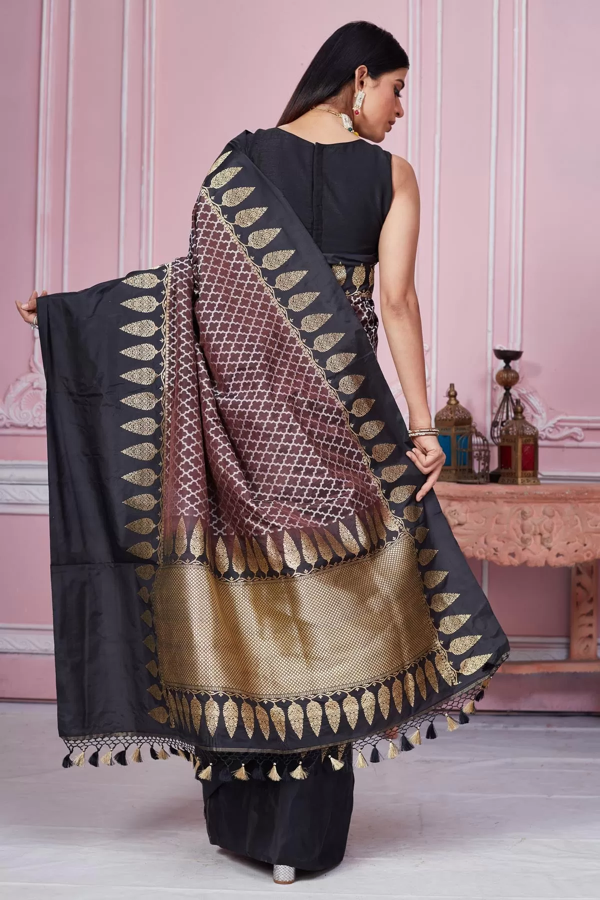 92A199 Brown Banarasi Saree with Black Zari Border