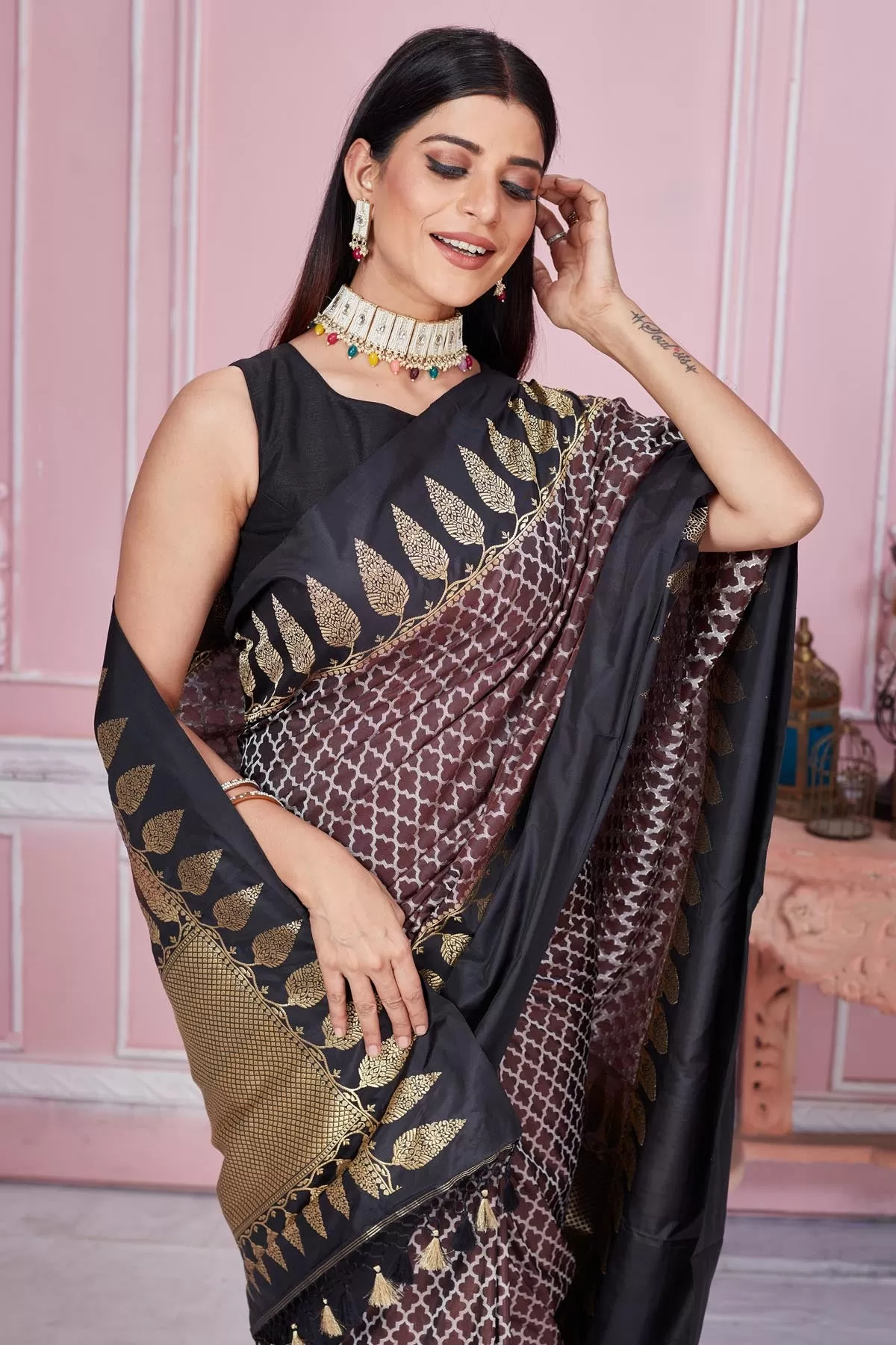 92A199 Brown Banarasi Saree with Black Zari Border