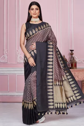 92A199 Brown Banarasi Saree with Black Zari Border