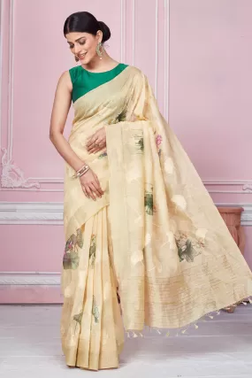 92A219 Cream Floral Print Banarasi Saree