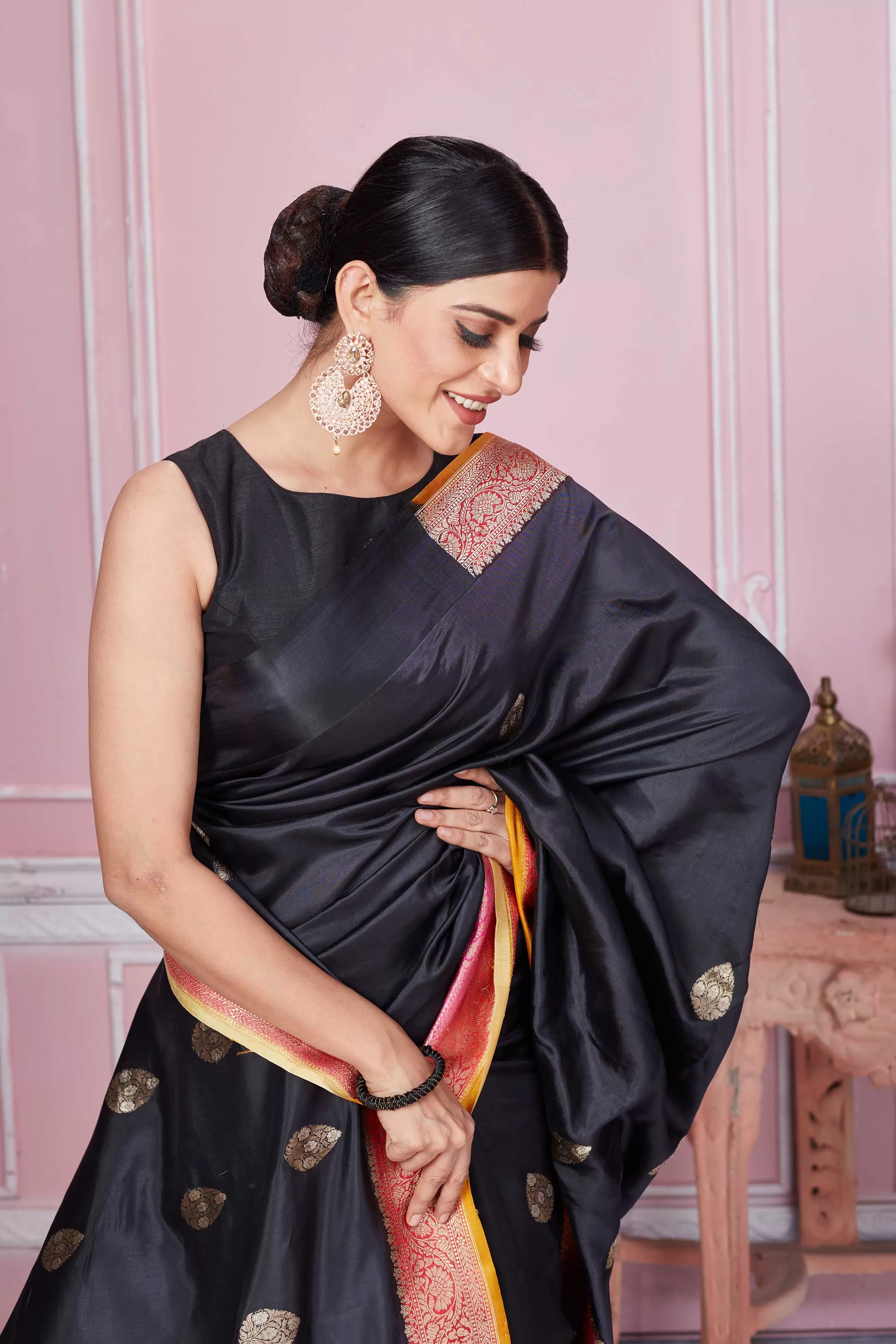 92A241 Black Banarasi Saree With Pink Zari Border