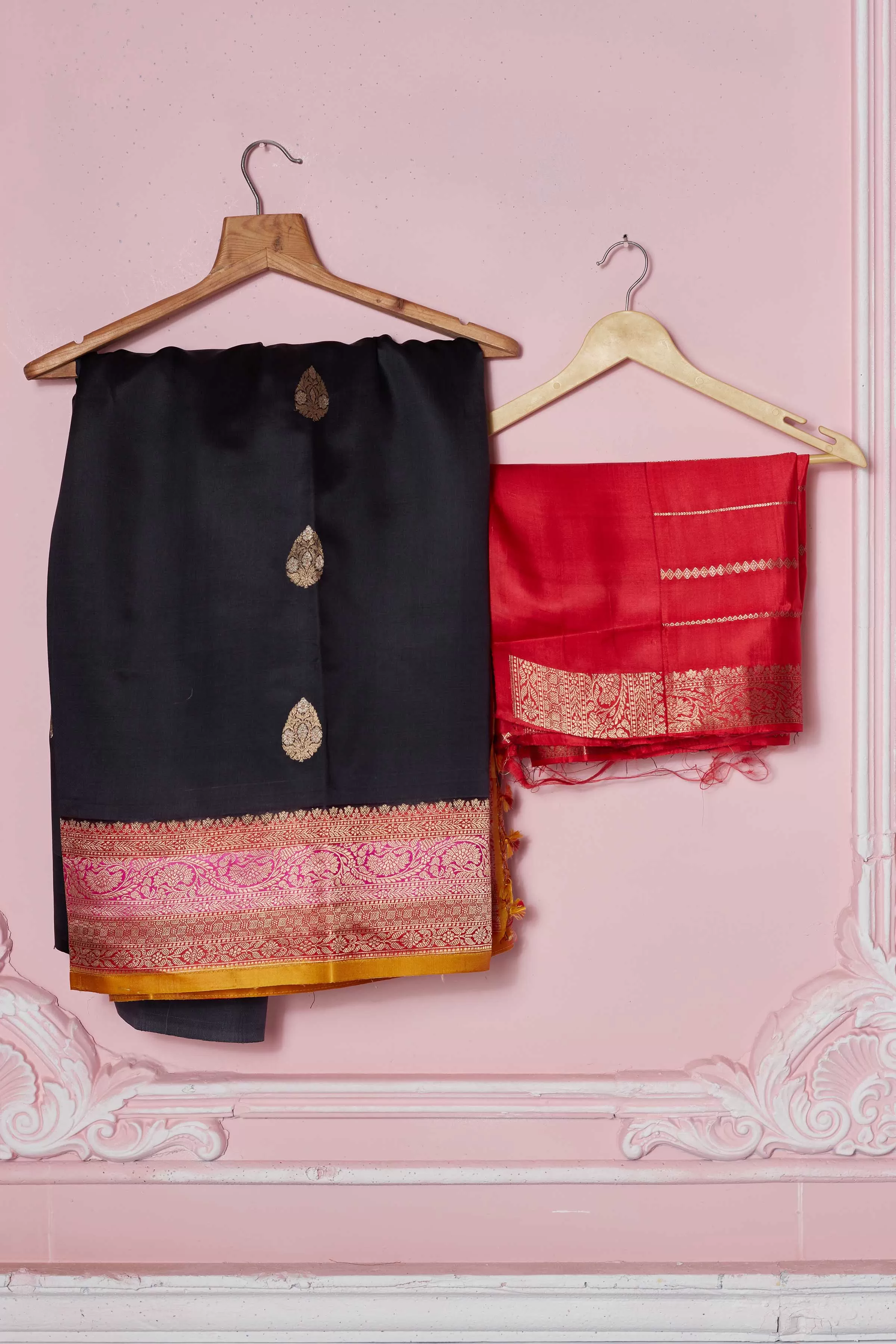 92A241 Black Banarasi Saree With Pink Zari Border