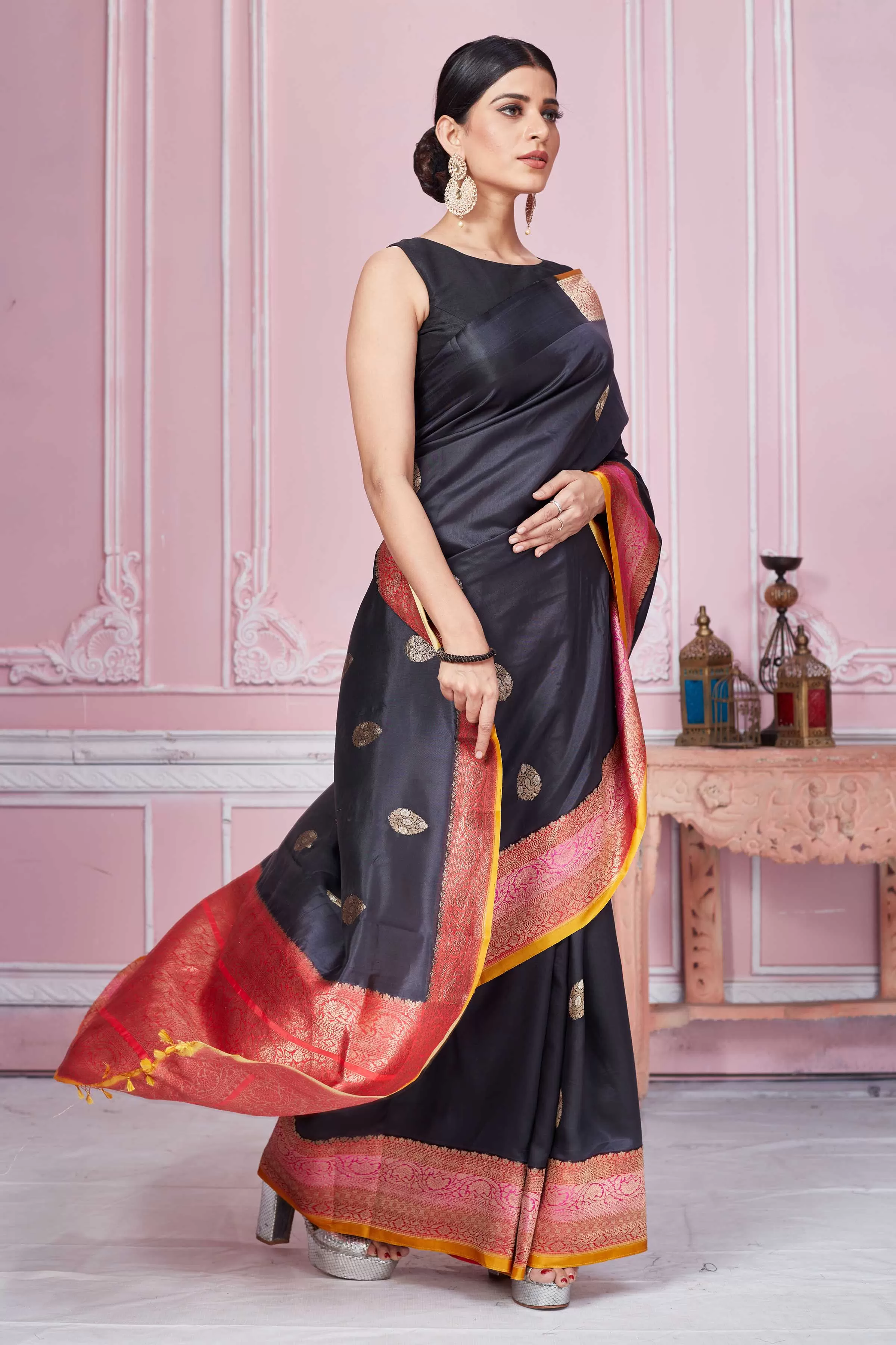 92A241 Black Banarasi Saree With Pink Zari Border