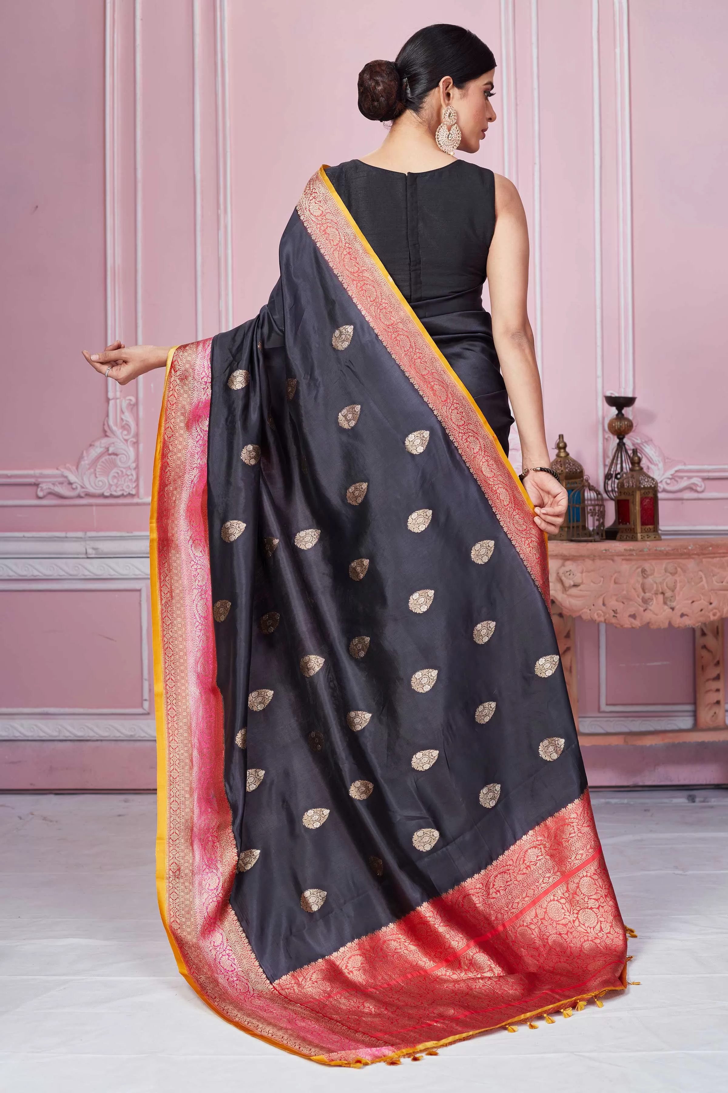 92A241 Black Banarasi Saree With Pink Zari Border