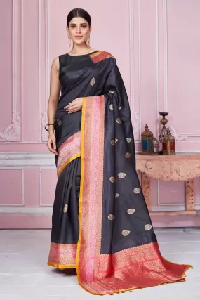 92A241 Black Banarasi Saree With Pink Zari Border