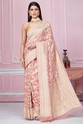 92A245 Dusty Pink Banarasi Saree With Floral Zari Jaal