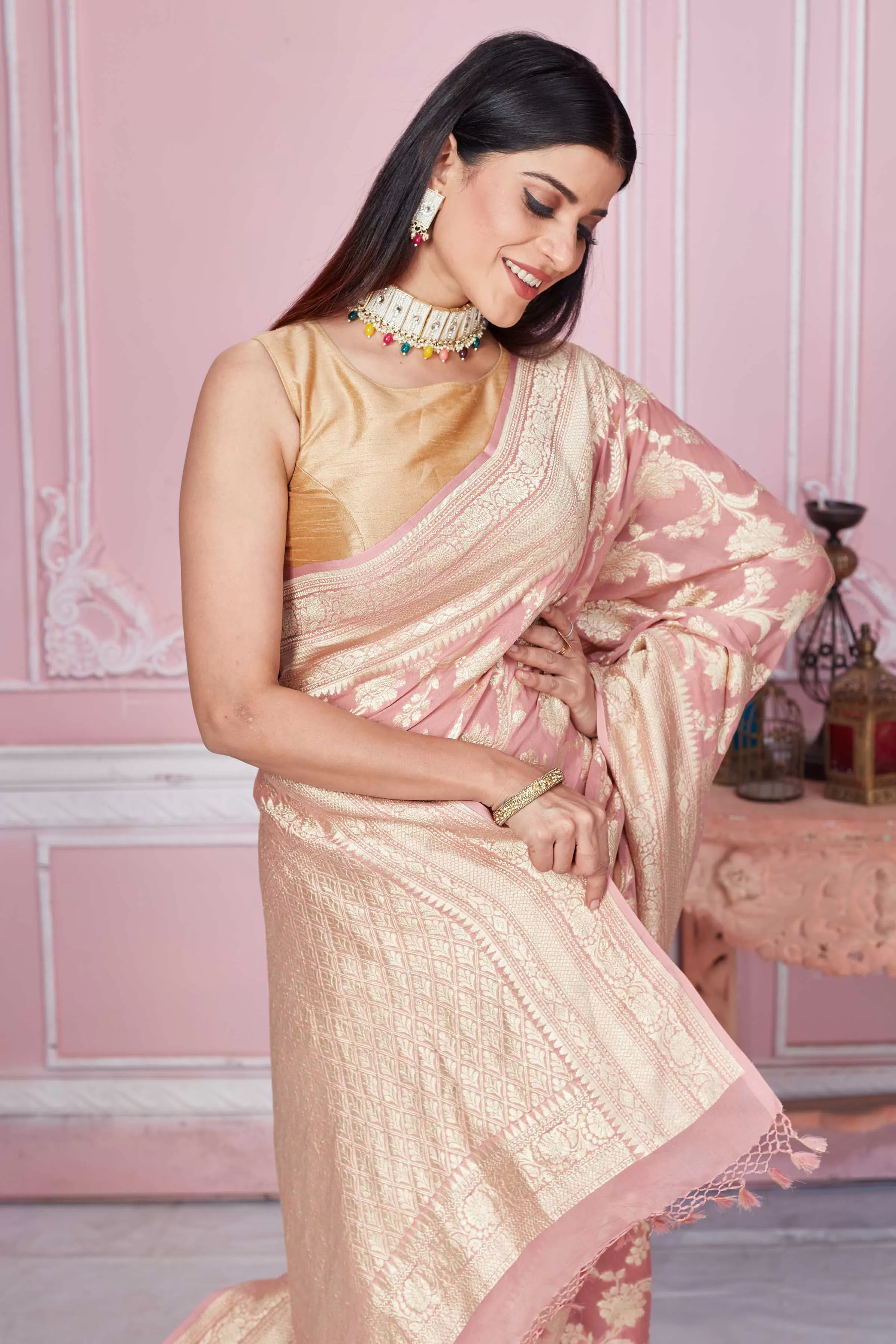 92A245 Dusty Pink Banarasi Saree With Floral Zari Jaal