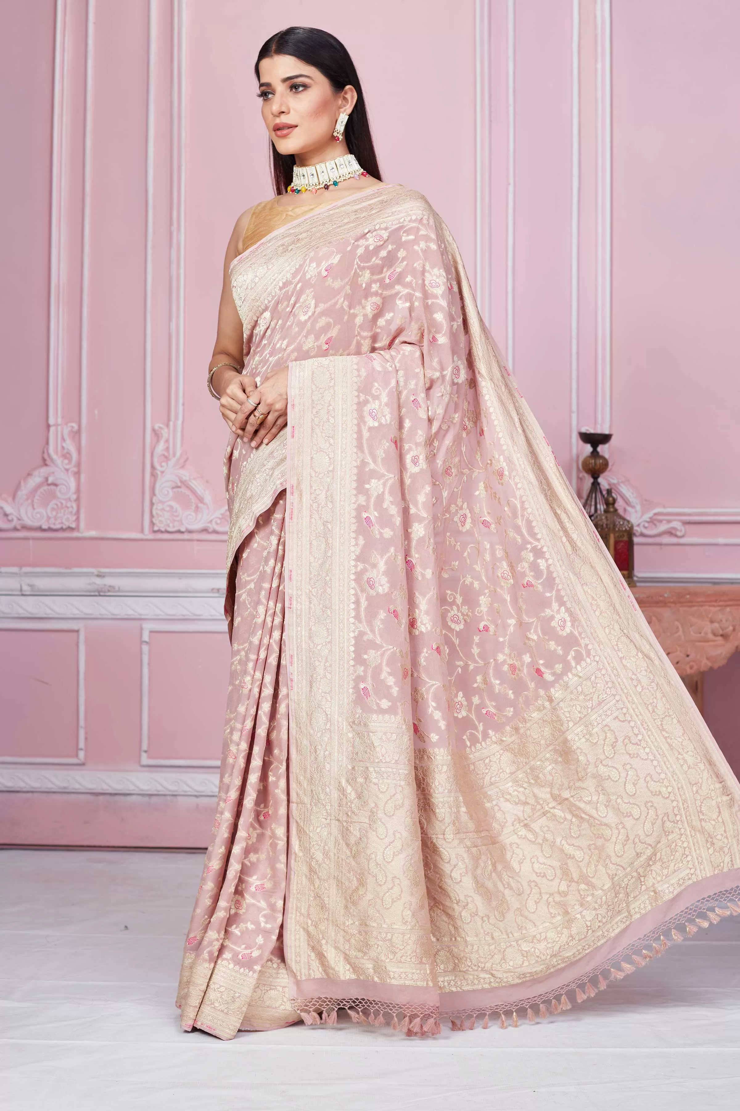 92A251 Dusty Pink Minakari Zari Jaal Banarasi Saree