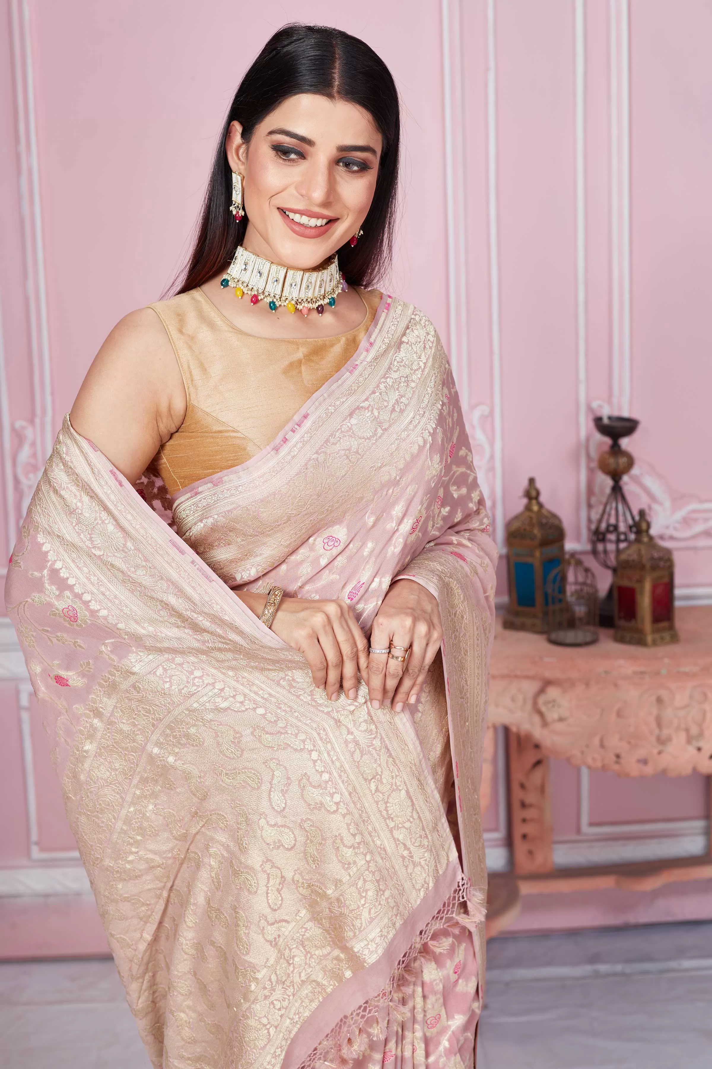 92A251 Dusty Pink Minakari Zari Jaal Banarasi Saree