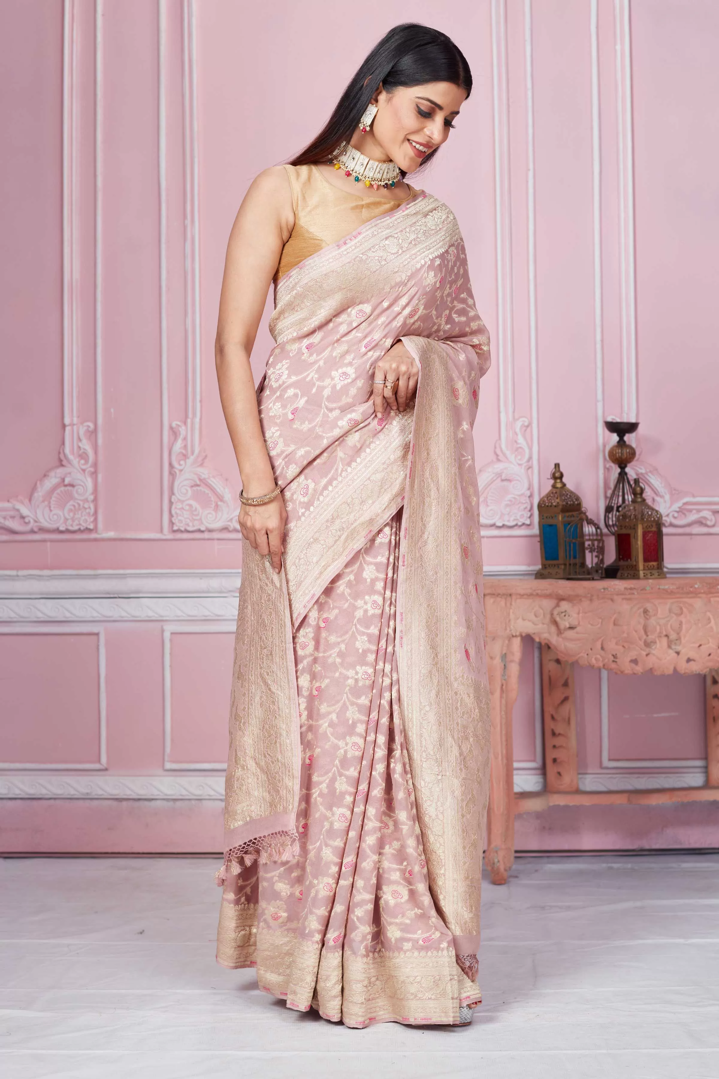 92A251 Dusty Pink Minakari Zari Jaal Banarasi Saree