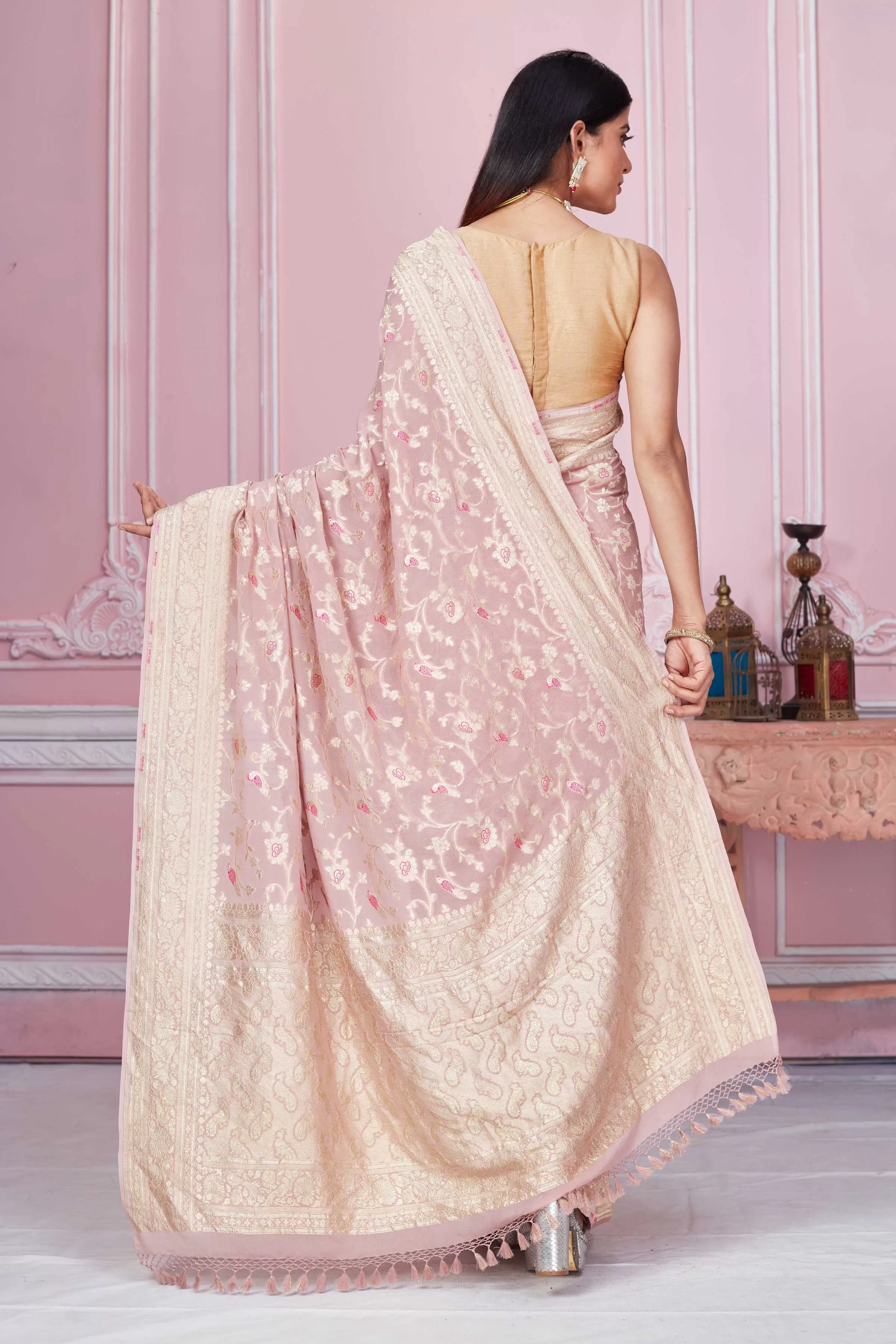 92A251 Dusty Pink Minakari Zari Jaal Banarasi Saree