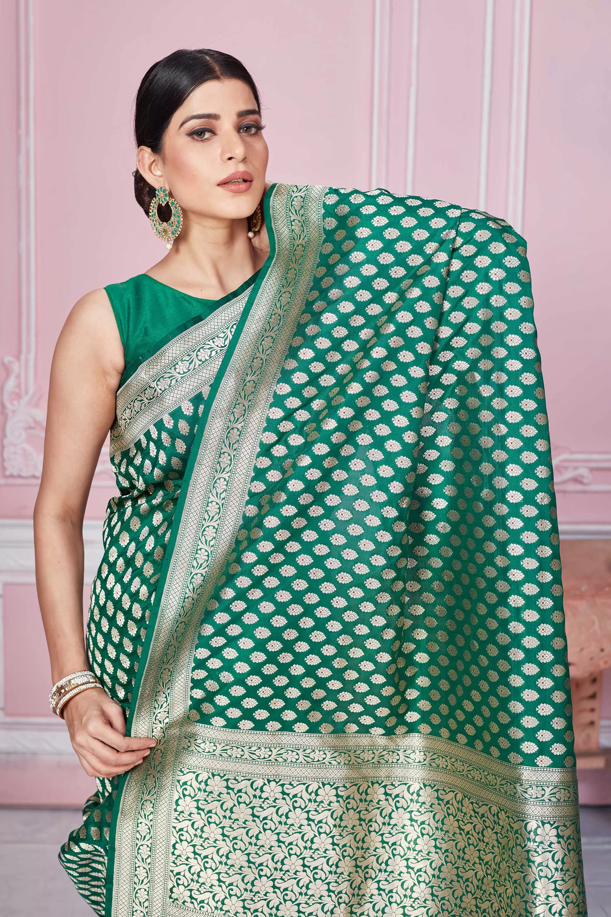 92A258 Dark Green Banarasi Saree With Overall Zari Buta