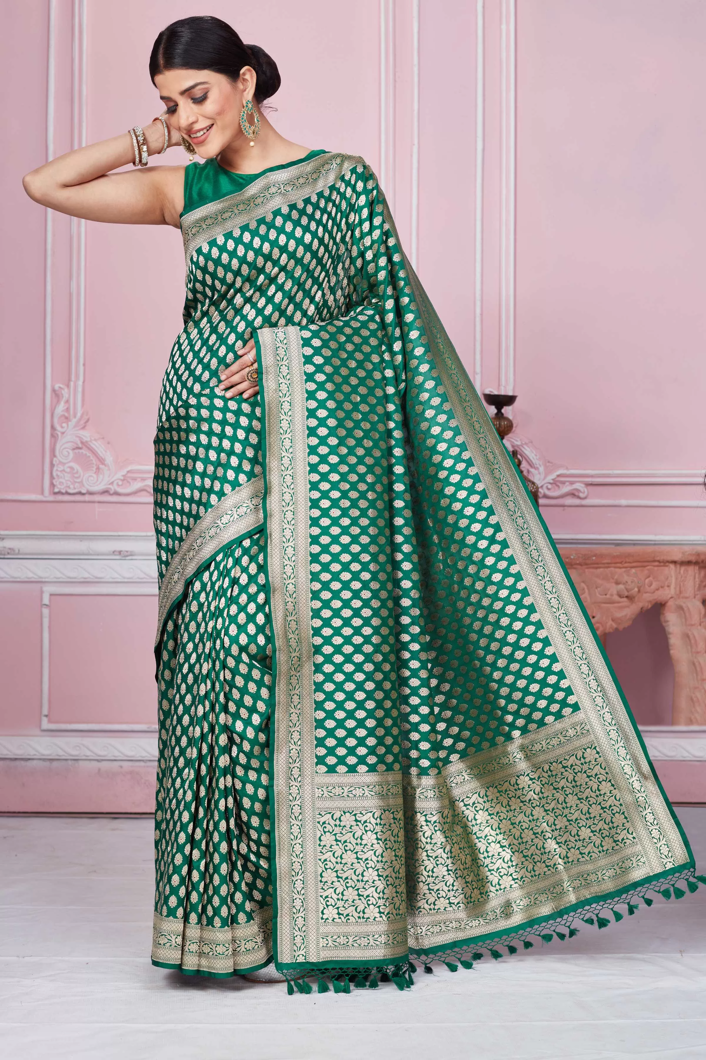 92A258 Dark Green Banarasi Saree With Overall Zari Buta