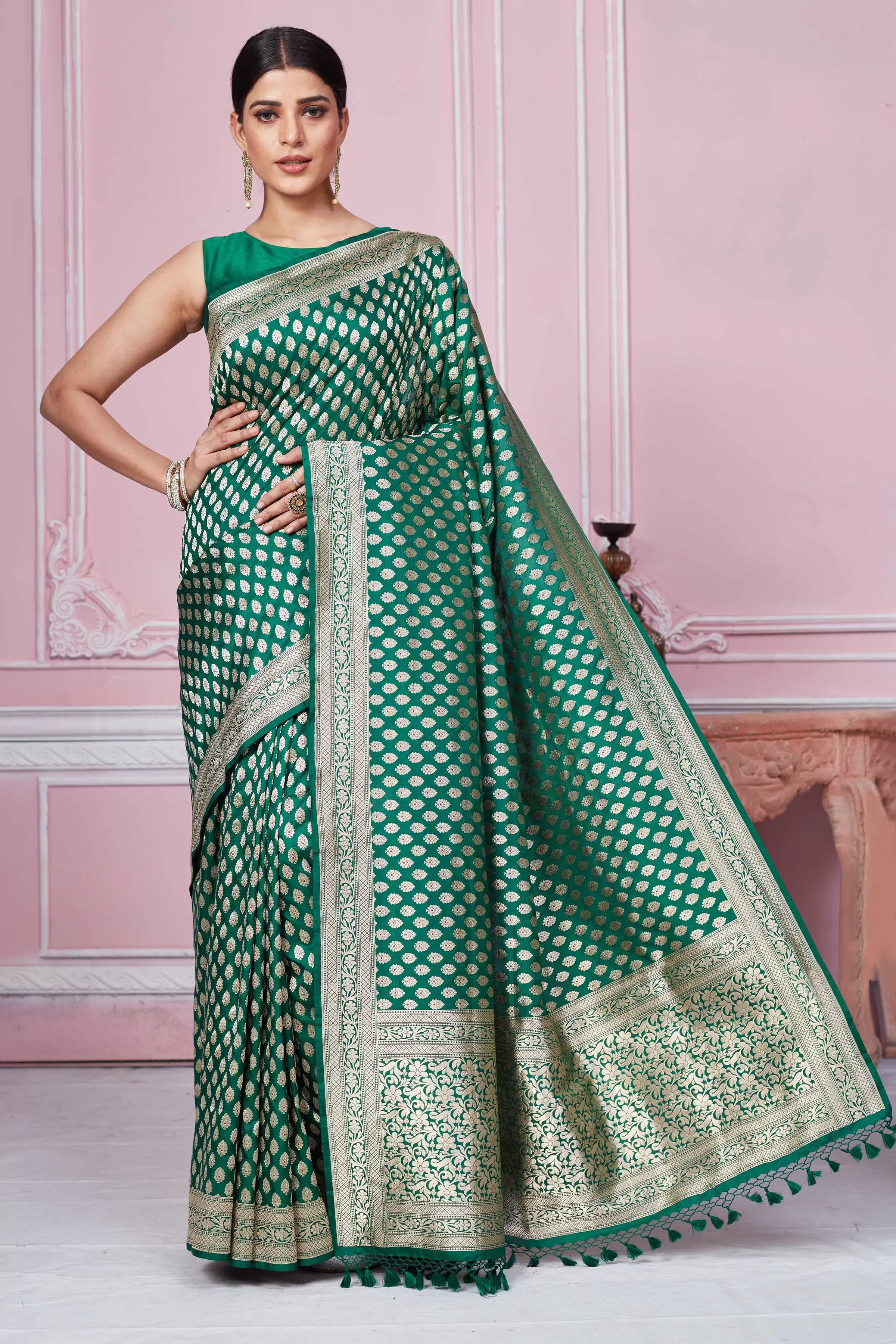 92A258 Dark Green Banarasi Saree With Overall Zari Buta