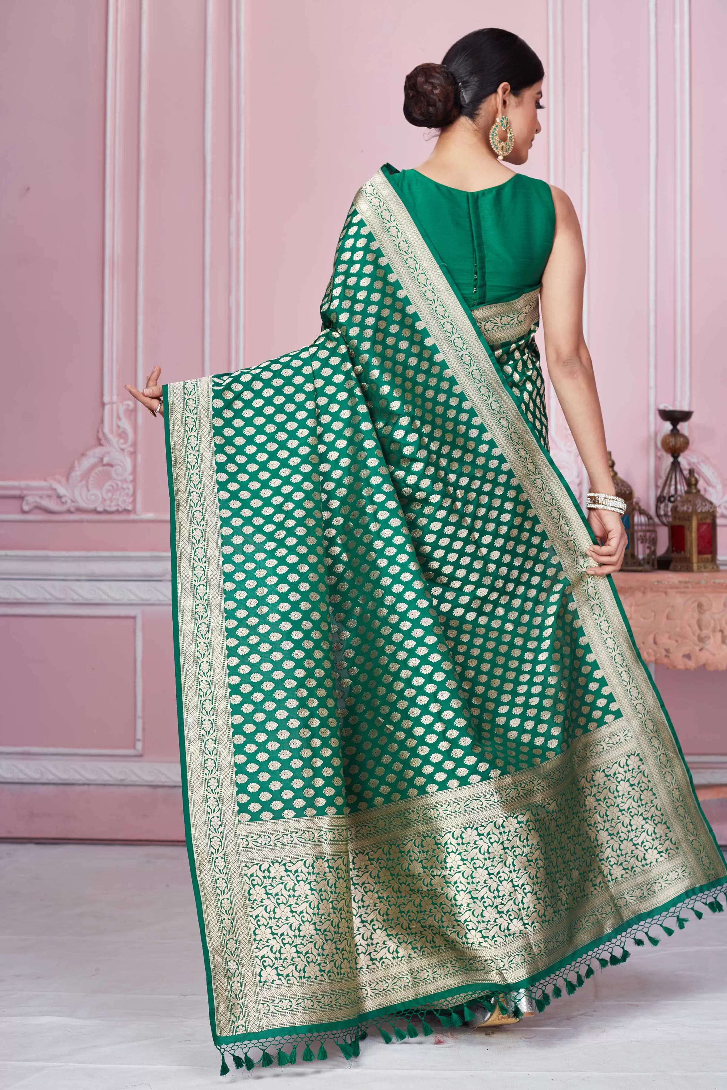 92A258 Dark Green Banarasi Saree With Overall Zari Buta